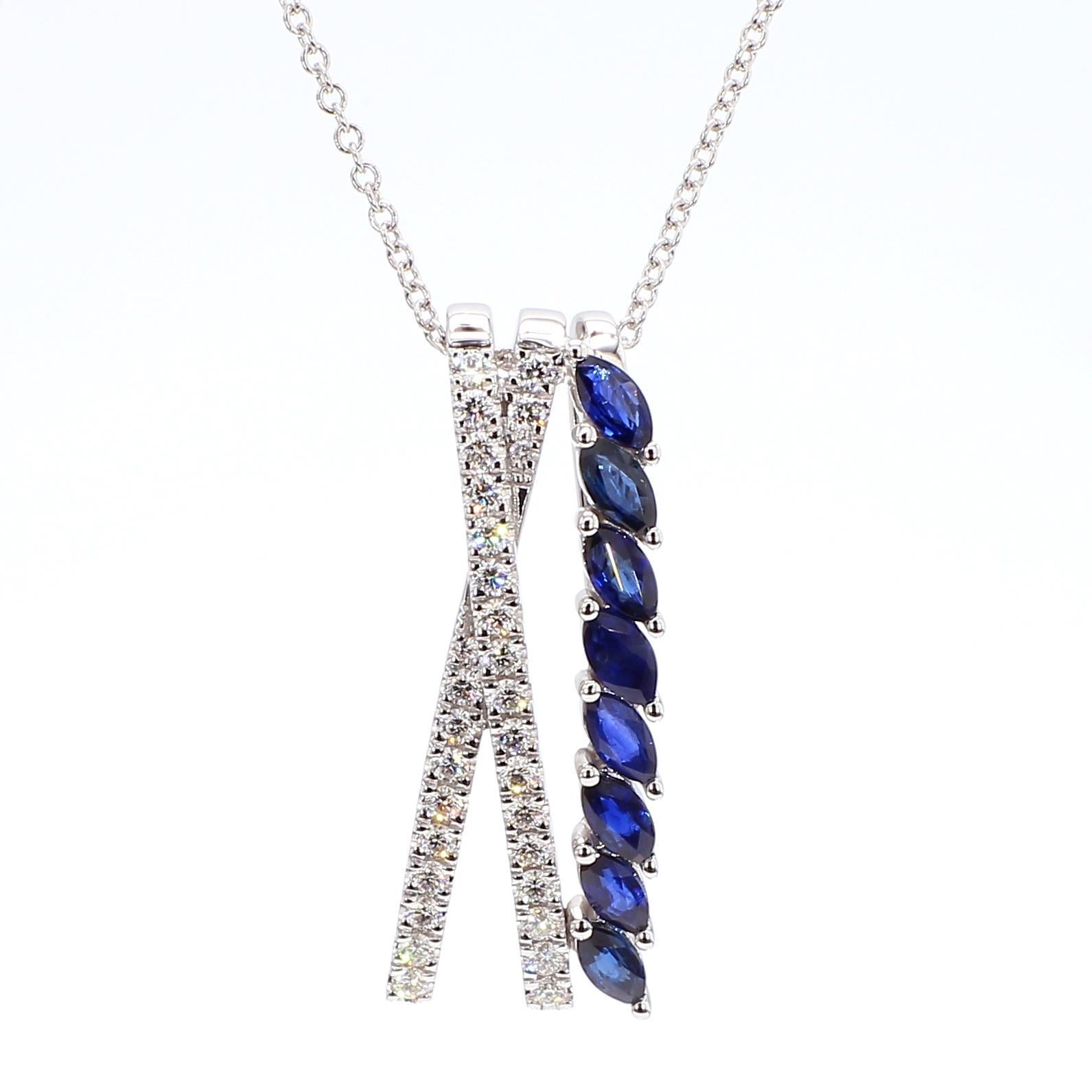 Contemporary Natural Blue Marquise Sapphire and Diamond 1.17 Carat TW Gold Drop Pendant For Sale