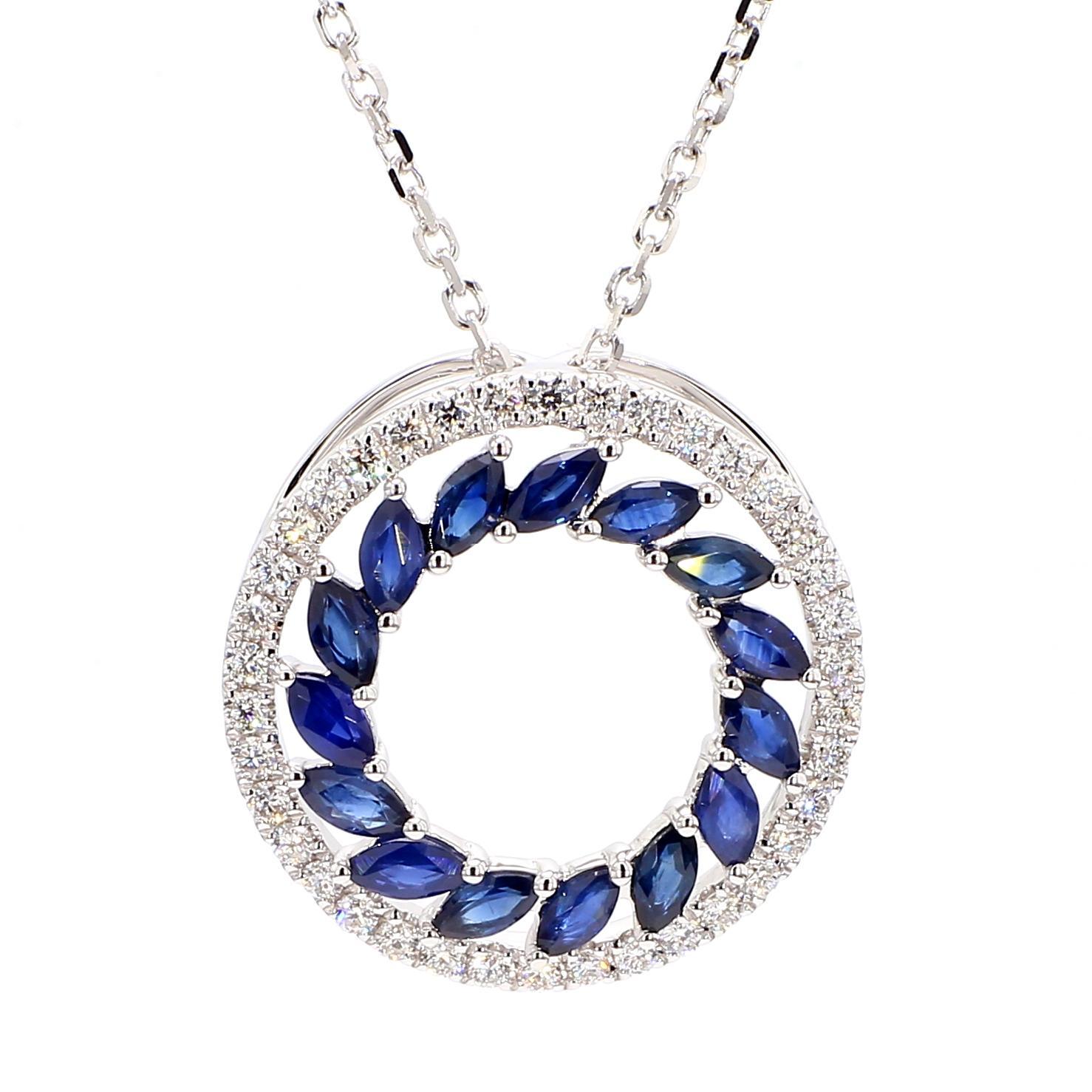 Contemporain Pendentif en or de 2.09 carats poids total avec saphir bleu marquise naturel et diamants en vente