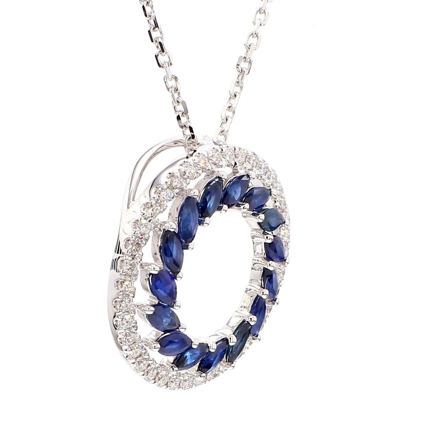 Taille Marquise Pendentif en or de 2.09 carats poids total avec saphir bleu marquise naturel et diamants en vente