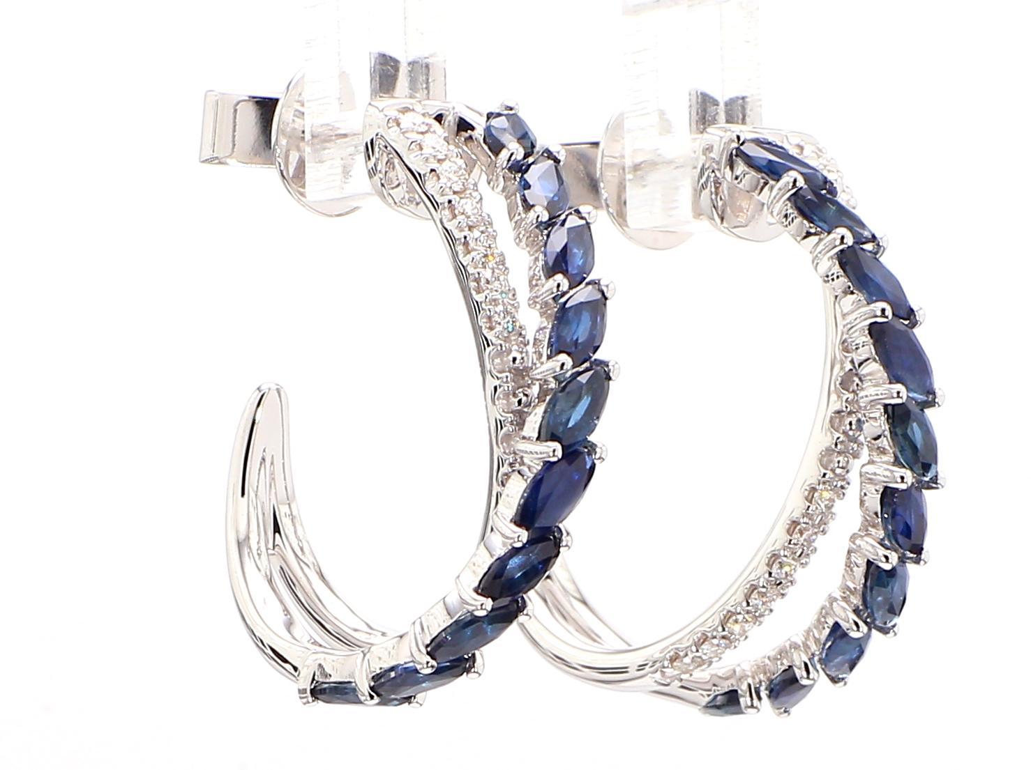 Marquise Cut Natural Blue Marquise Sapphire and Diamond 2.39 Carat TW Gold Stud Earrings For Sale