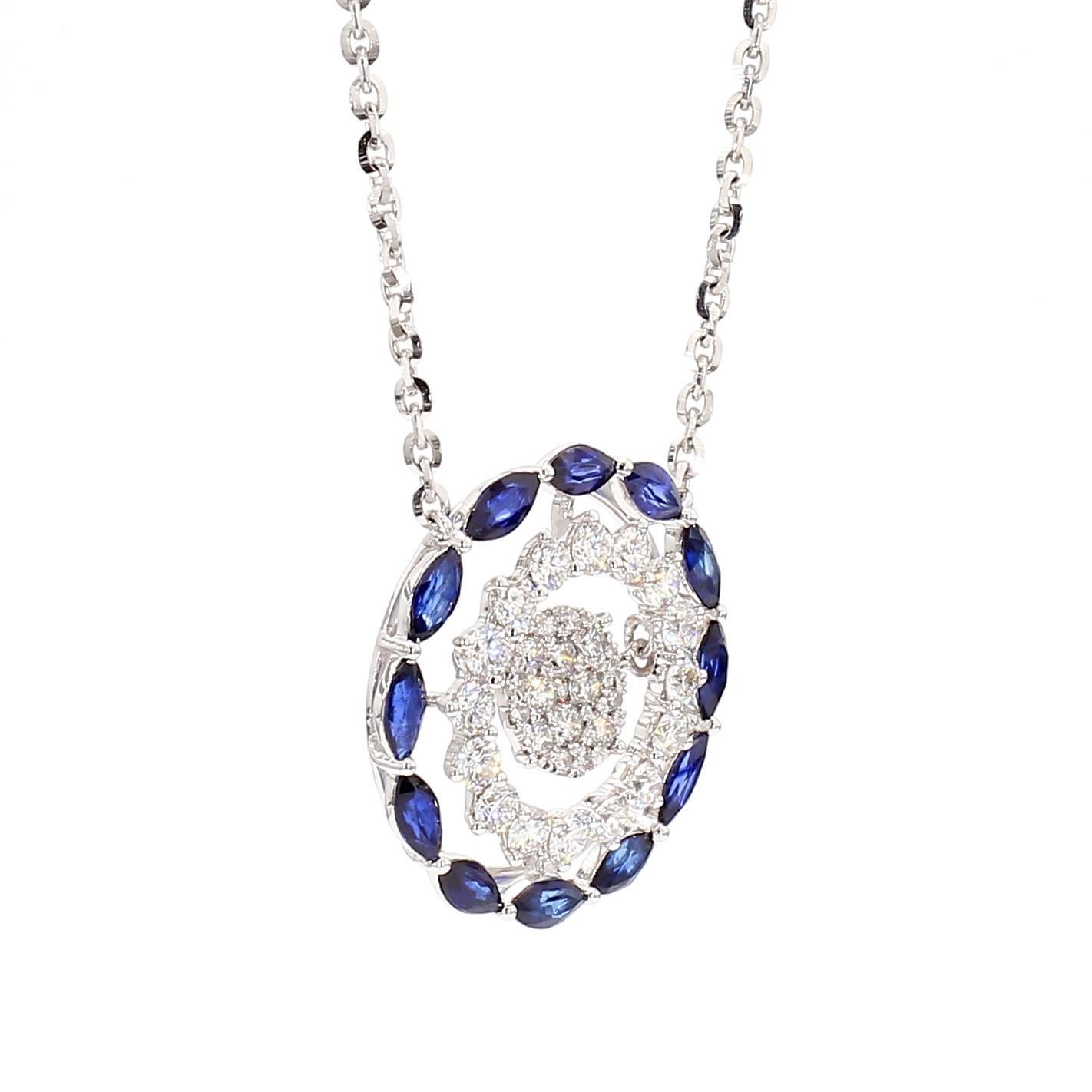 Taille Marquise Pendentif en or de 3.26 carats poids total avec saphir bleu marquise naturel et diamants en vente