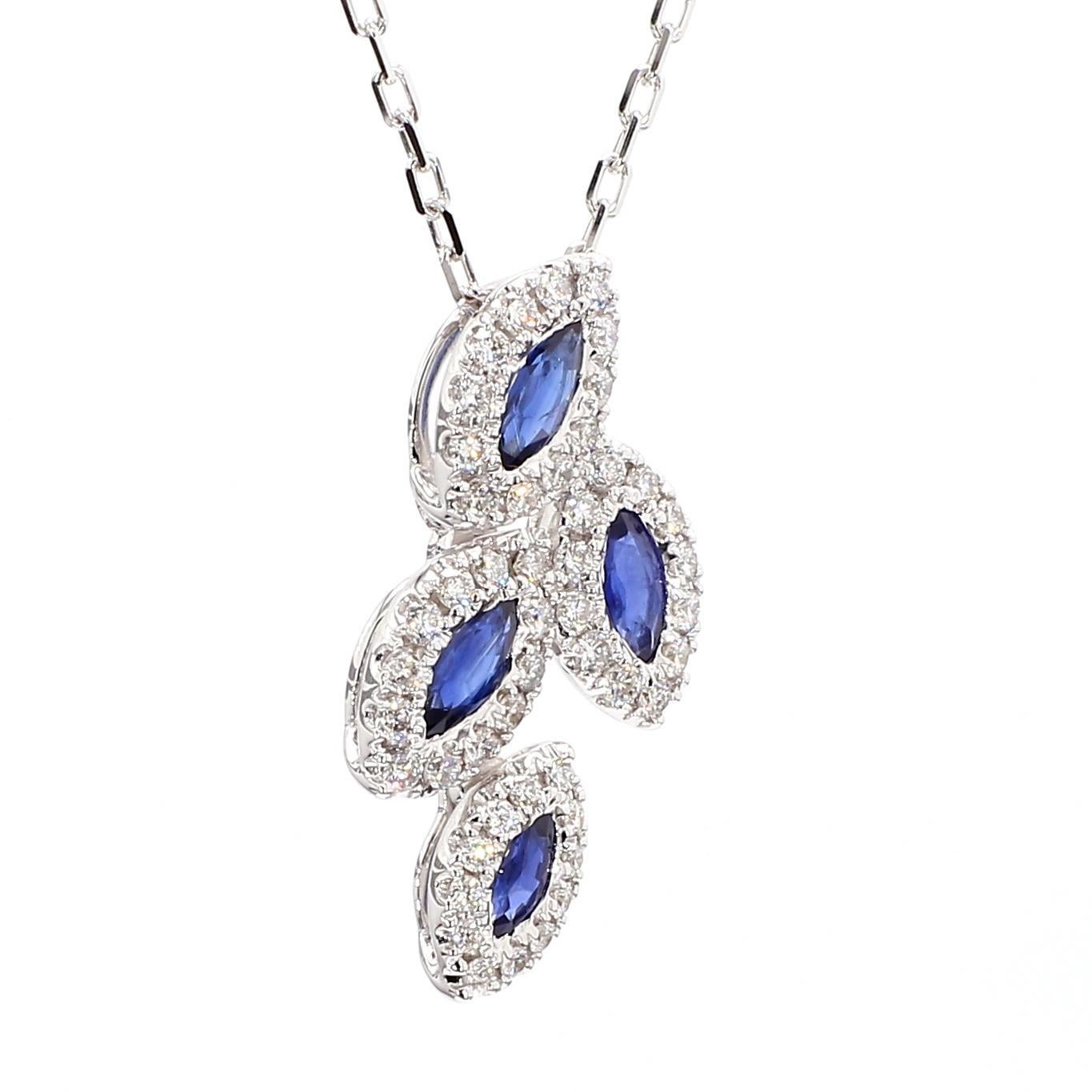Contemporary Natural Blue Marquise Sapphire and White Diamond .99 Carat TW White Gold Pendant For Sale