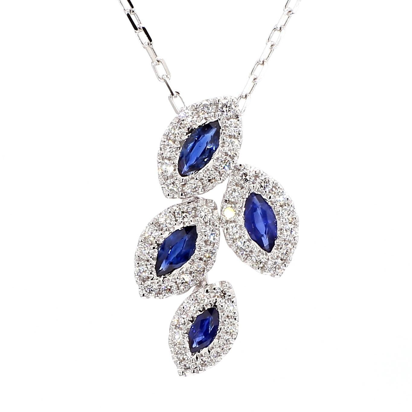 Marquise Cut Natural Blue Marquise Sapphire and White Diamond .99 Carat TW White Gold Pendant For Sale