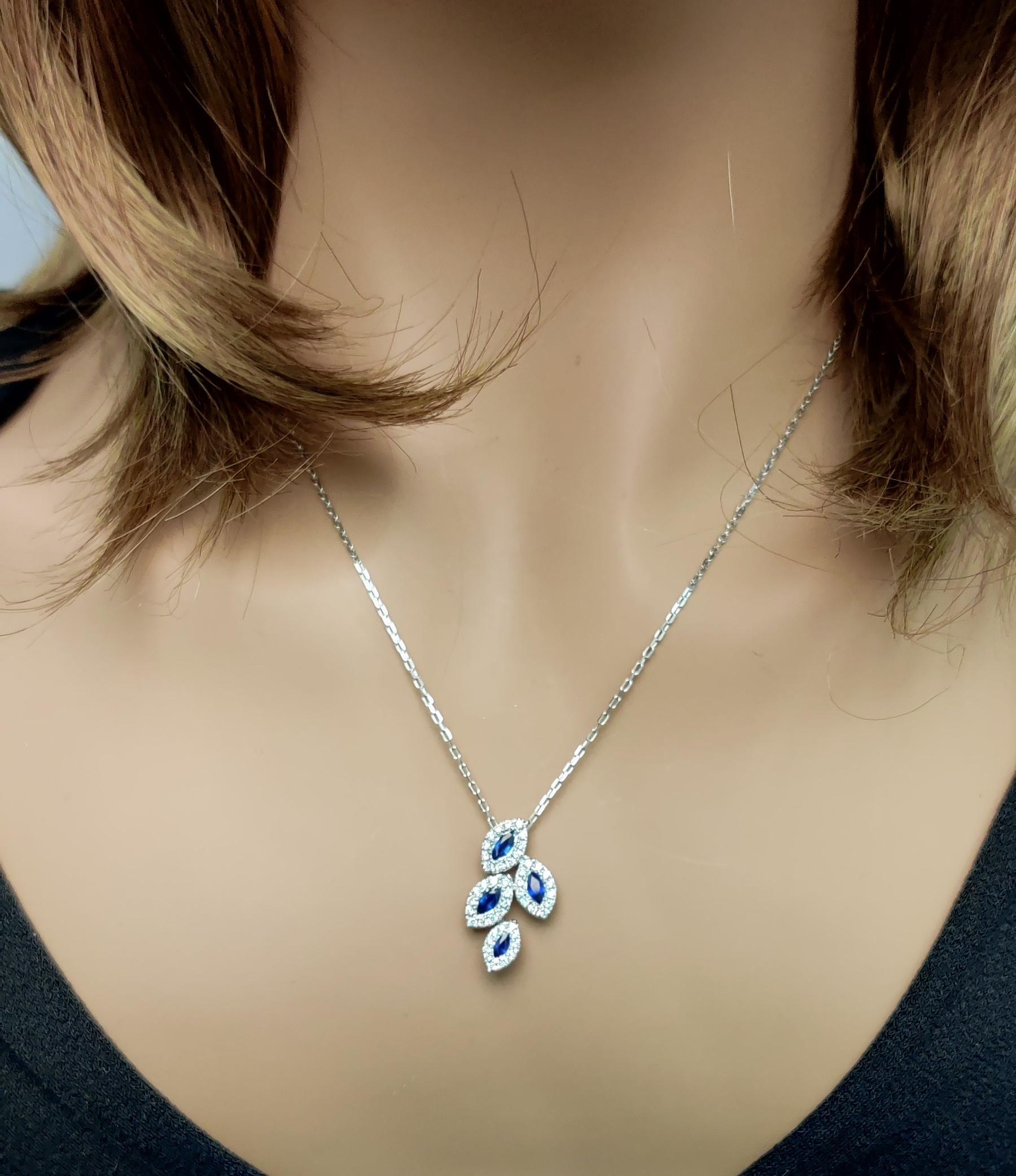 Natural Blue Marquise Sapphire and White Diamond .99 Carat TW White Gold Pendant In Good Condition For Sale In New York, NY