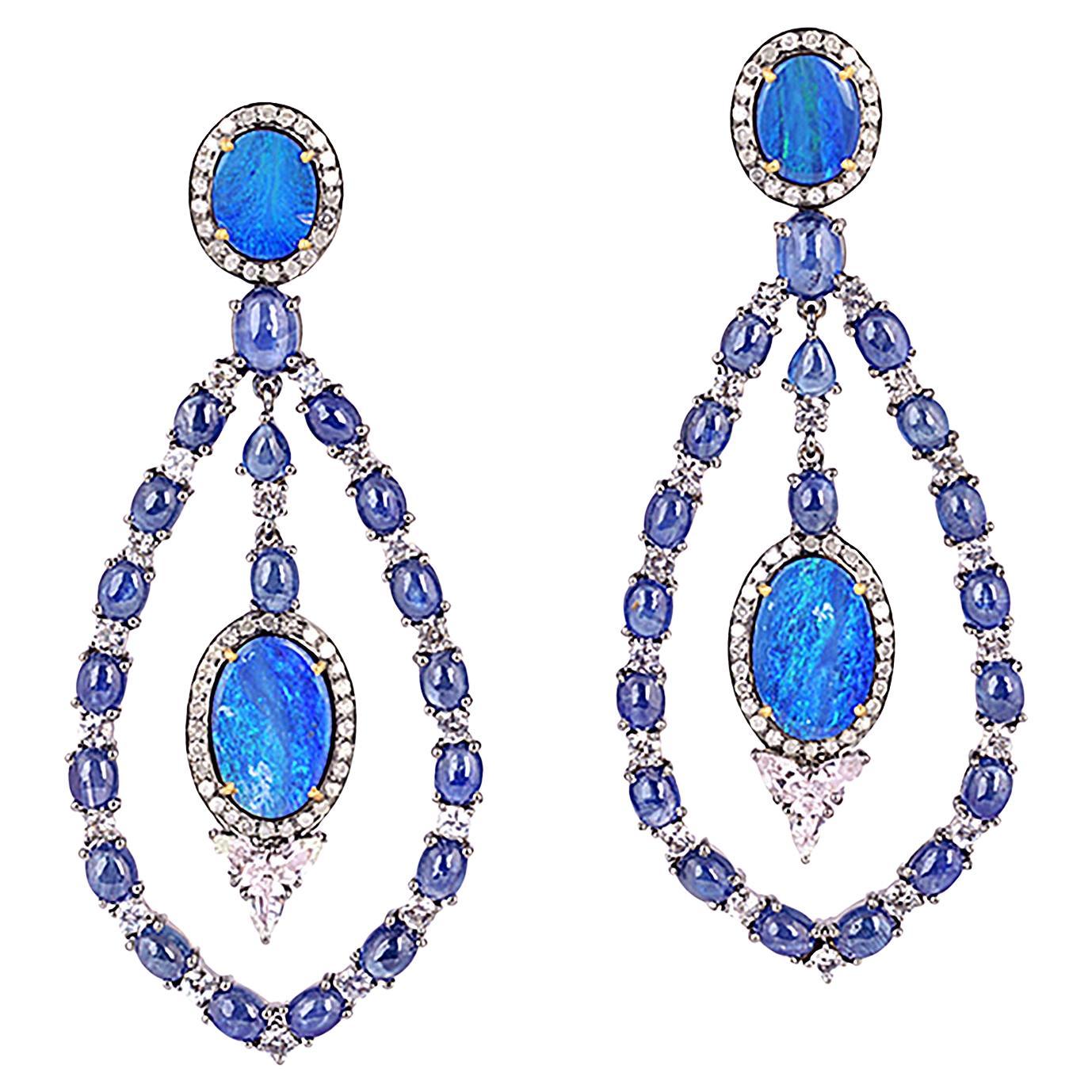 Natural Blue Opal Doublet 
Sapphire Teardrop Chandelier Earrings For Sale