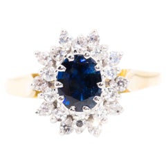 Natural Blue Oval Blue Sapphire and Diamond Vintage Cluster Ring 18 Carat Gold 