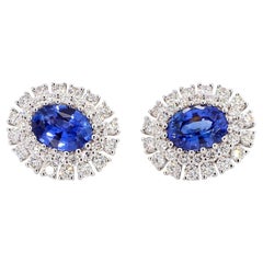 Natural Blue Oval Sapphire and Diamond 3.48 Carat TW Gold Stud Earrings