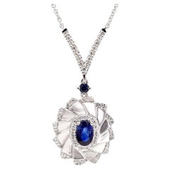 Natural Blue Oval Sapphire and White Diamond 0.95 Carat TW White Gold Necklace
