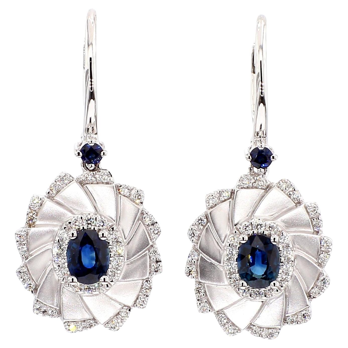 Natural Blue Oval Sapphire and White Diamond 1.37 Carat TW Gold Drop Earrings