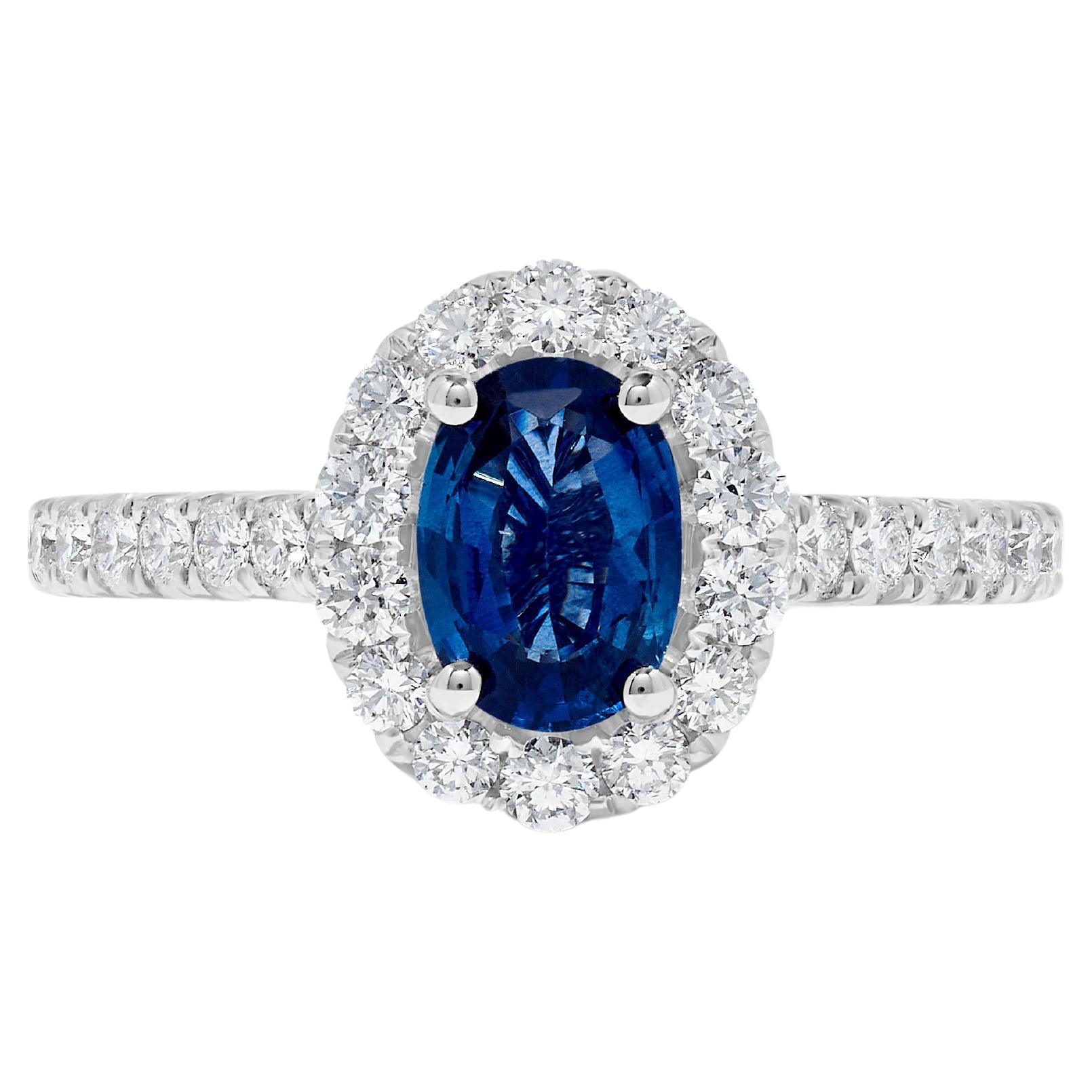 Natural Blue Oval Sapphire and White Diamond 1.47 Carat TW Gold Cocktail Ring For Sale