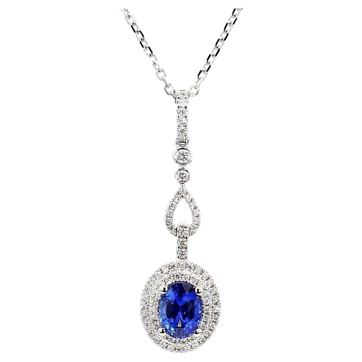 Natural Blue Oval Sapphire and White Diamond 1.63 Carat TW Gold Drop Pendant