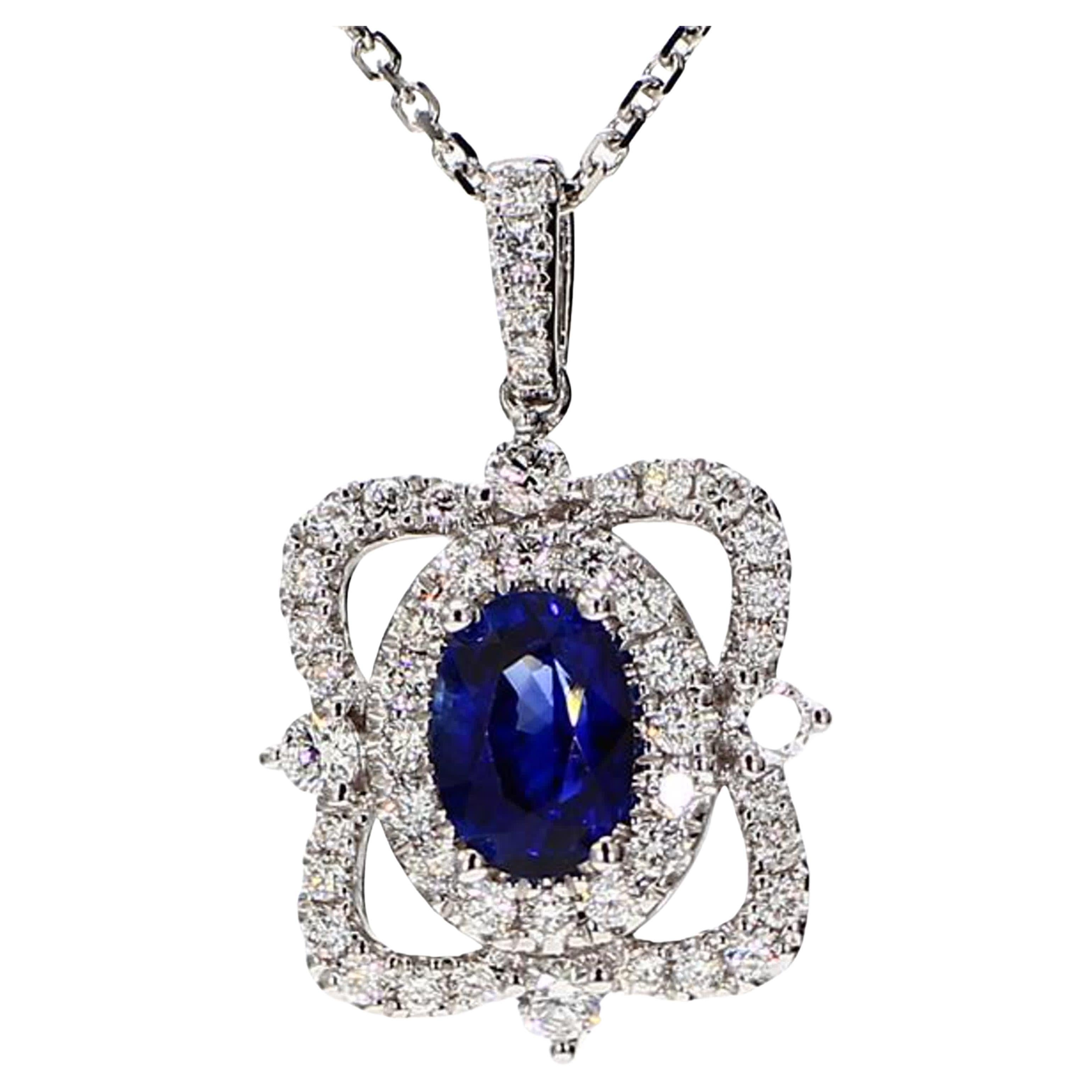 Natural Blue Oval Sapphire and White Diamond 1.64 Carat TW White Gold Pendant For Sale