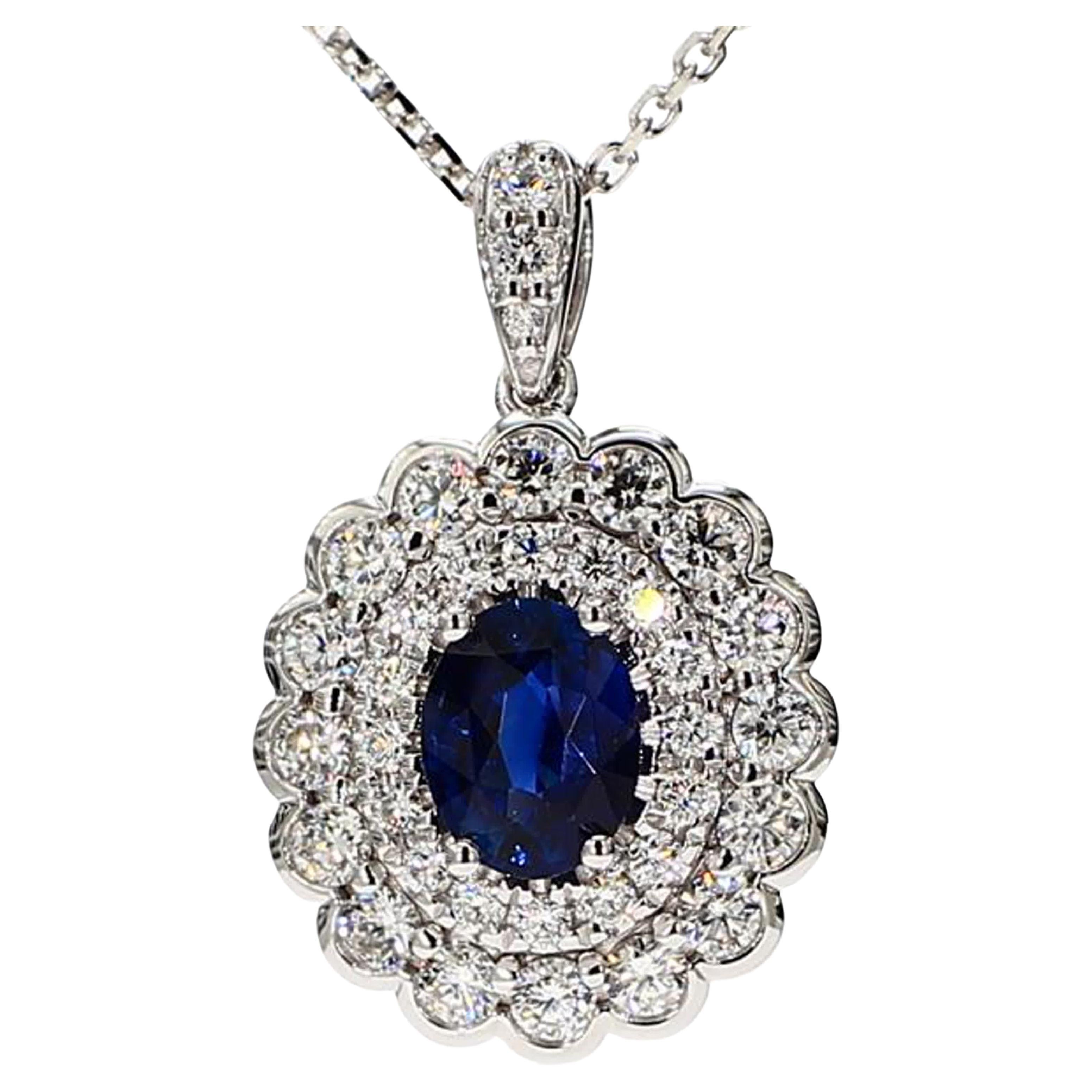 Natural Blue Oval Sapphire and White Diamond 1.66 Carat TW White Gold Pendant For Sale