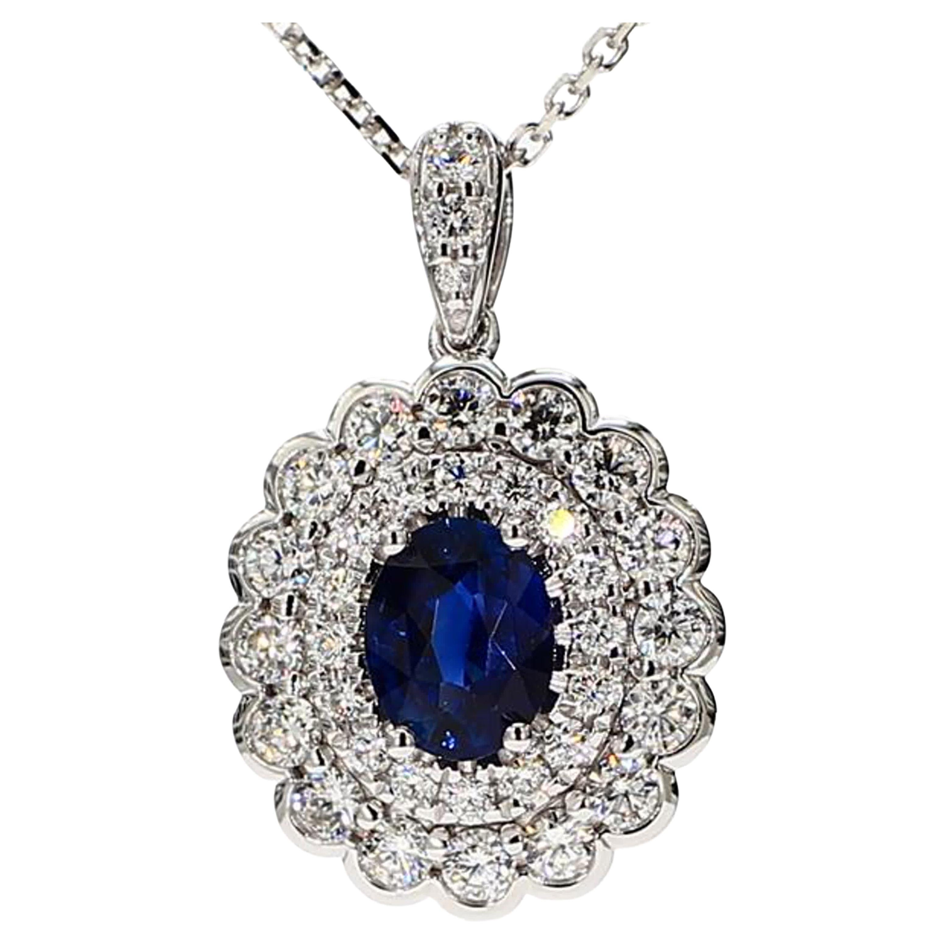 Natural Blue Oval Sapphire and White Diamond 1.66 Carat TW White Gold Pendant