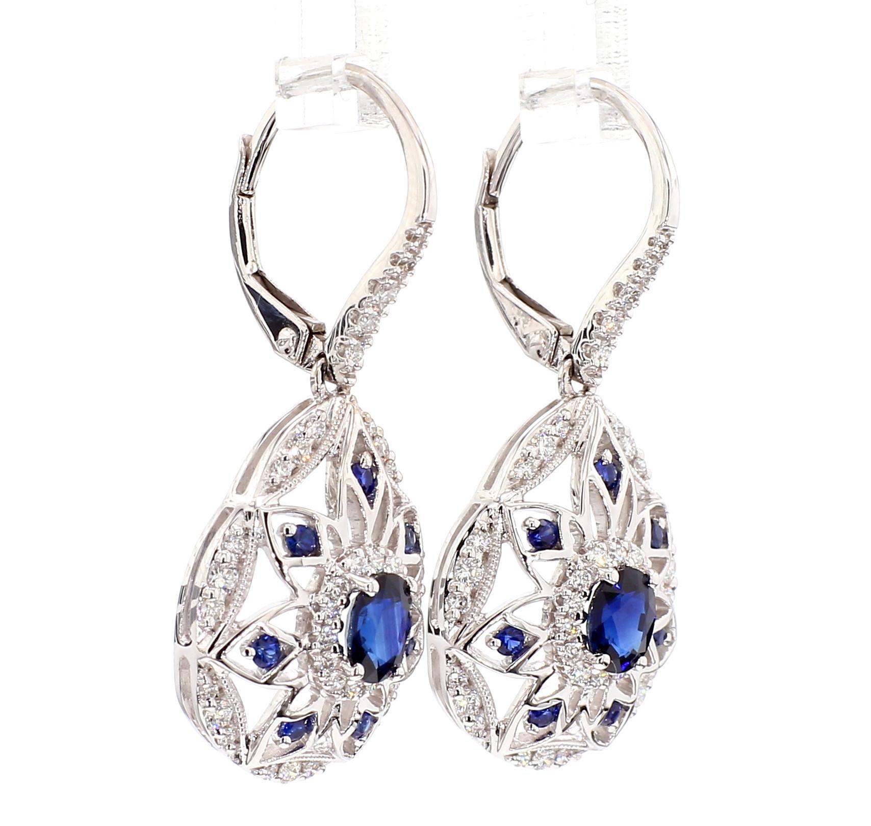 Oval Cut Natural Blue Oval Sapphire and White Diamond 1.67 Carat TW Gold Drop Earrings For Sale
