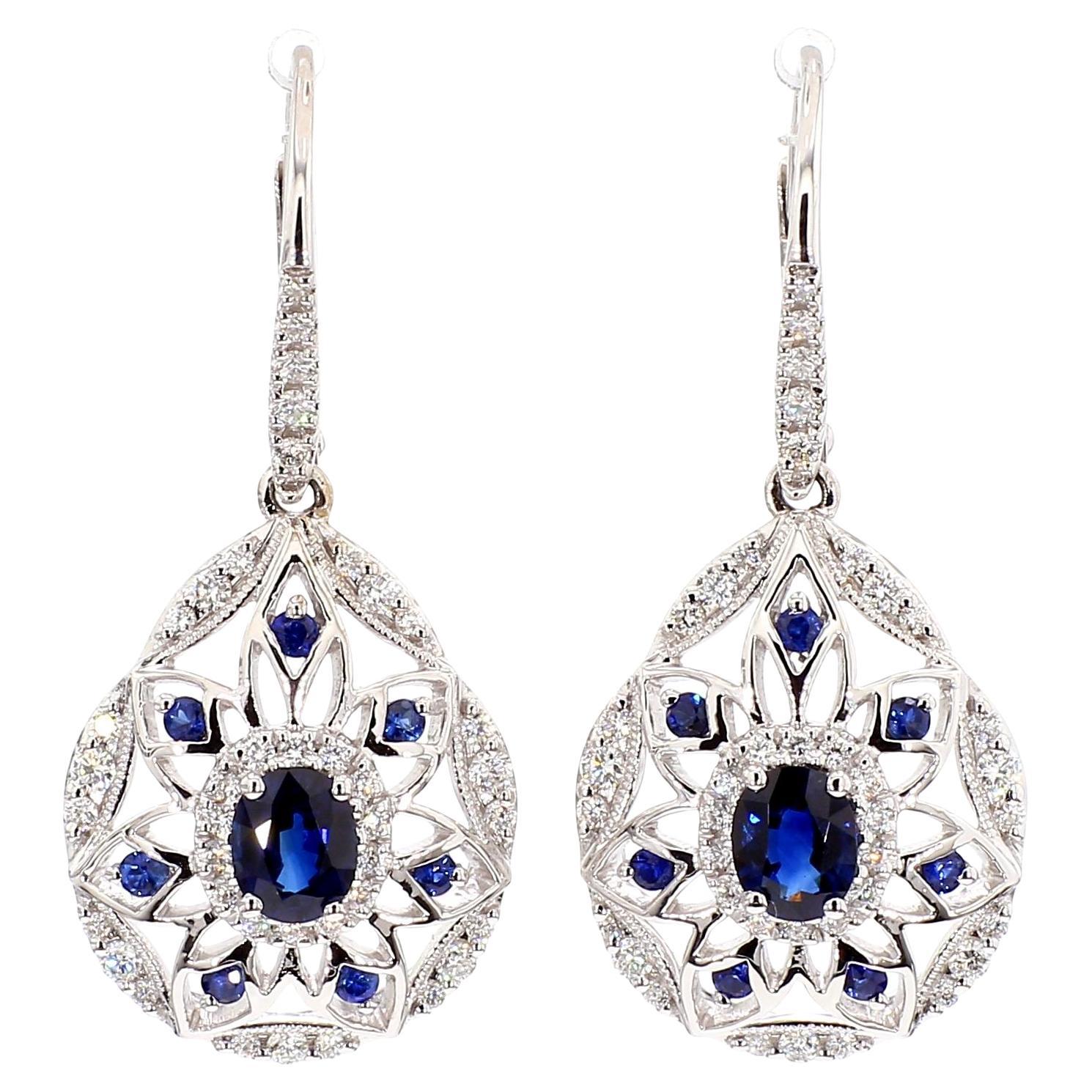 Natural Blue Oval Sapphire and White Diamond 1.67 Carat TW Gold Drop Earrings