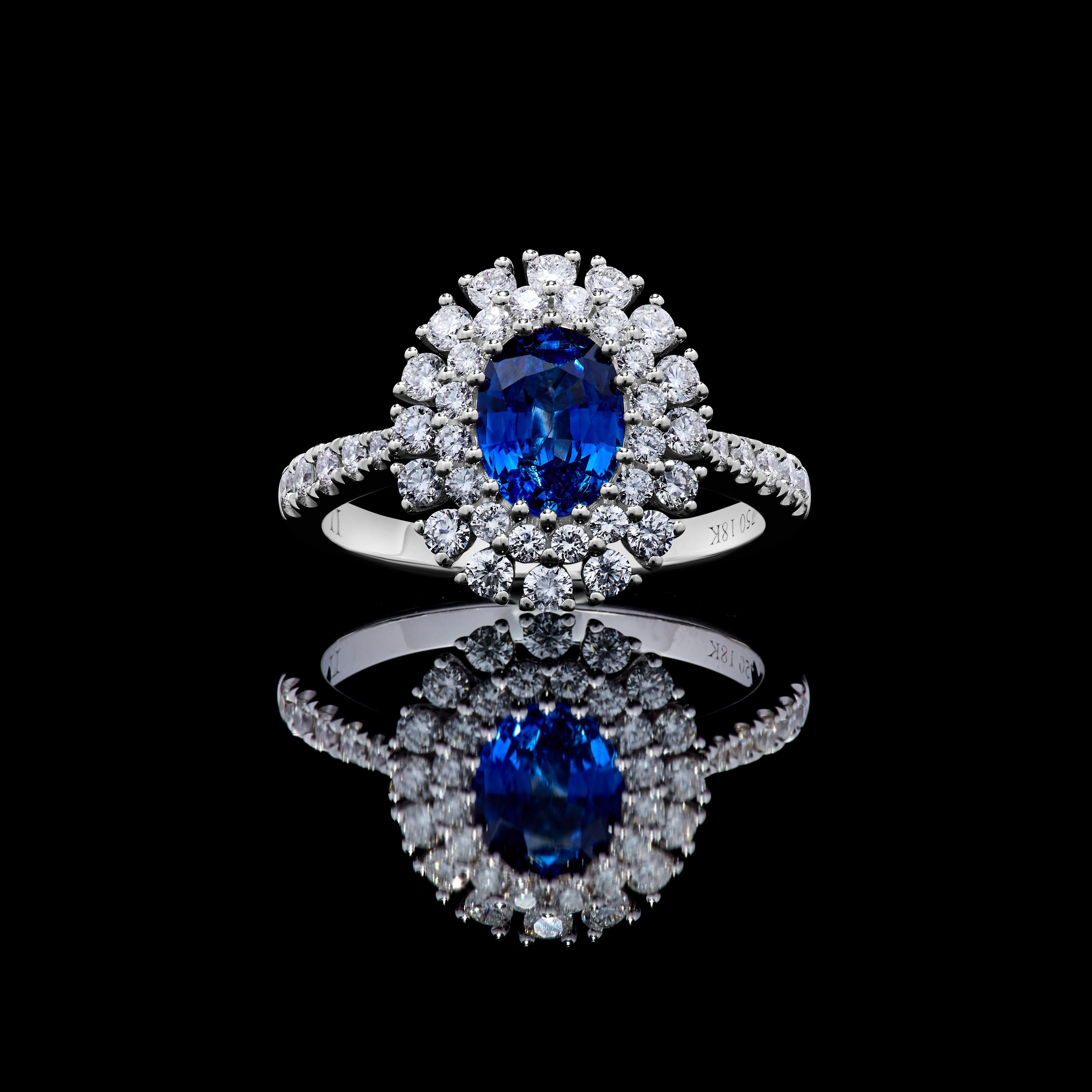 Oval Cut Natural Blue Oval Sapphire and White Diamond 1.85 Carat TW Gold Cocktail Ring For Sale