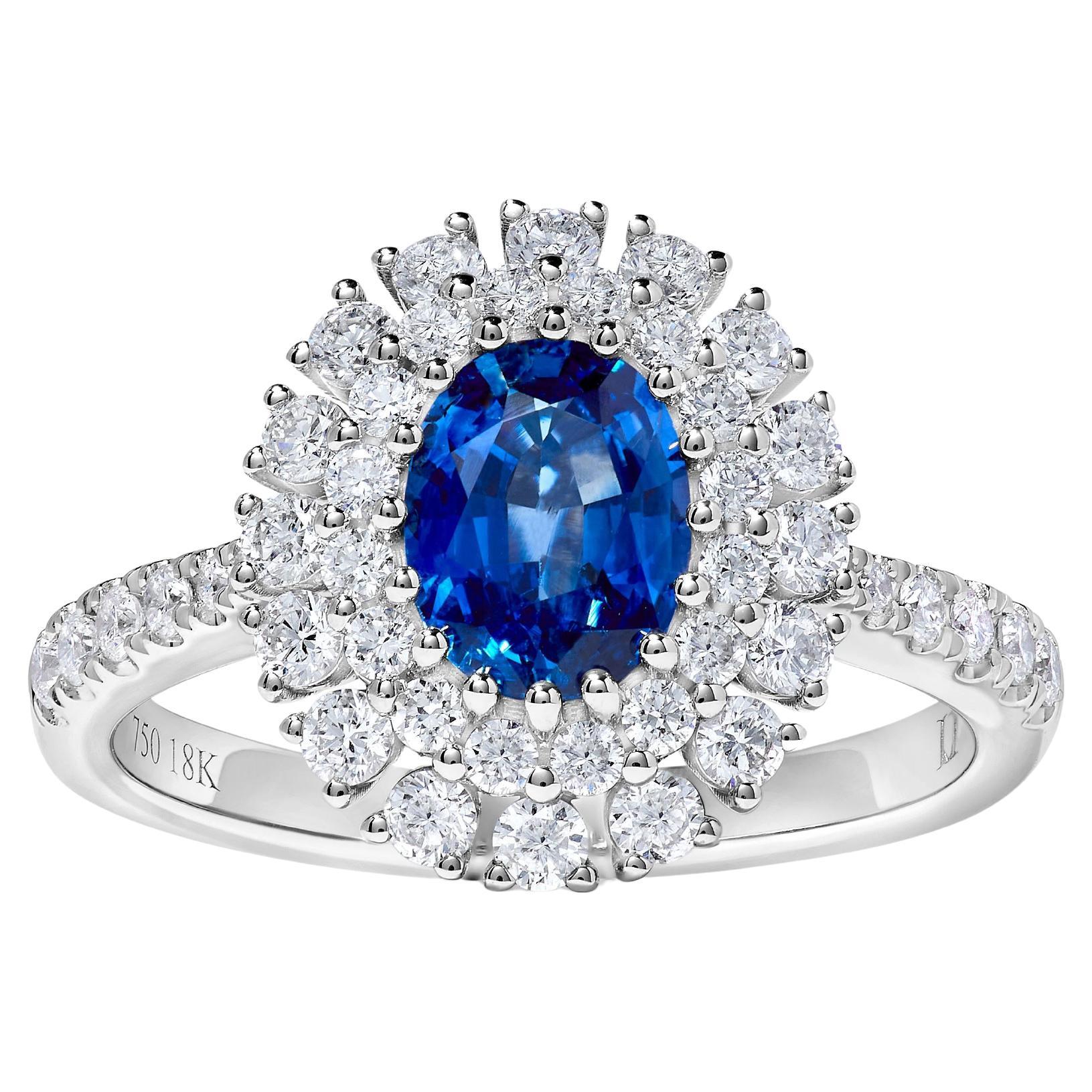 Natural Blue Oval Sapphire and White Diamond 1.85 Carat TW Gold Cocktail Ring