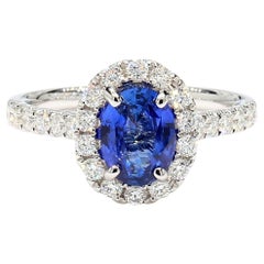 Natural Blue Oval Sapphire and White Diamond 2.07 Carat TW Gold Cocktail Ring