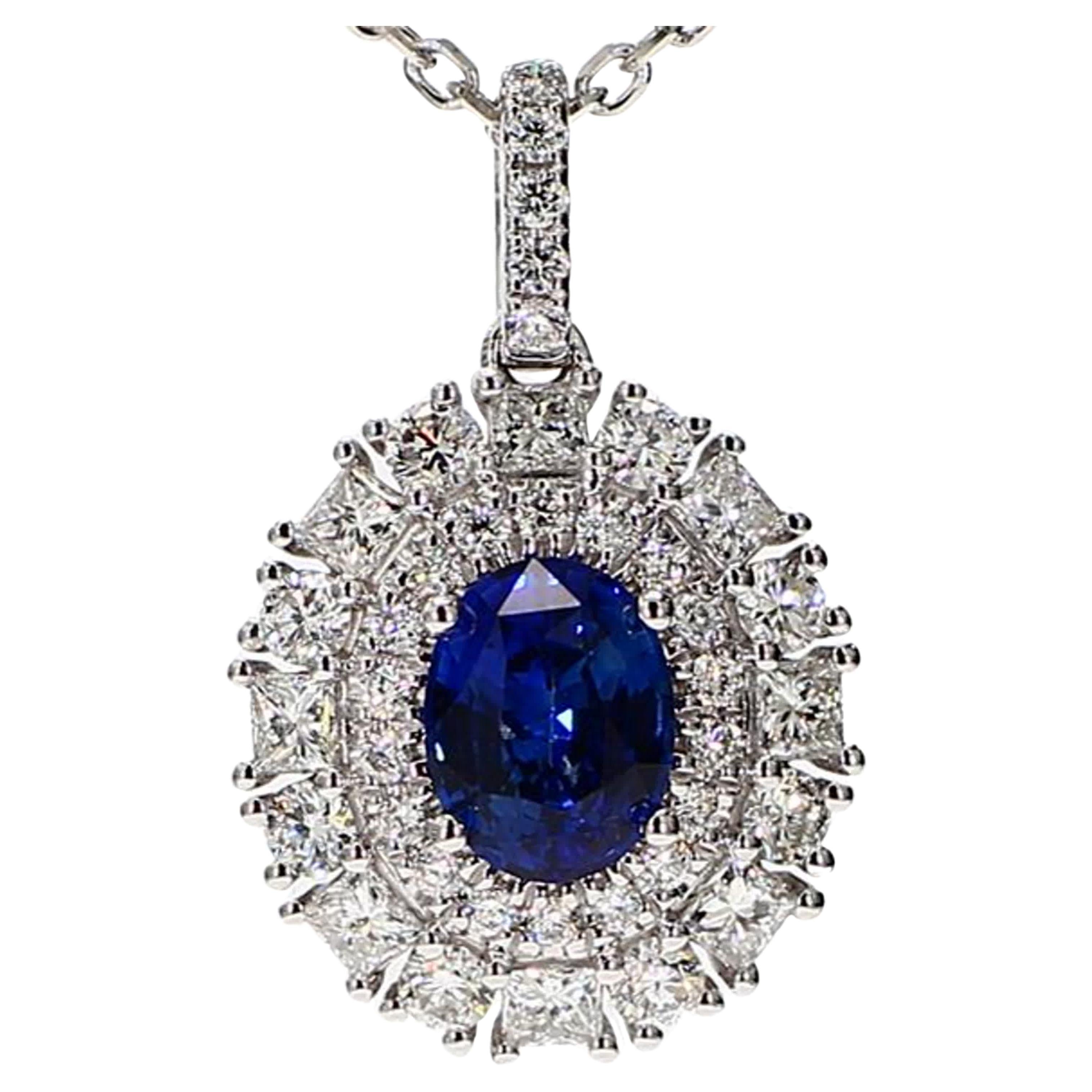 Natural Blue Oval Sapphire and White Diamond 2.11 Carat TW White Gold Pendant For Sale
