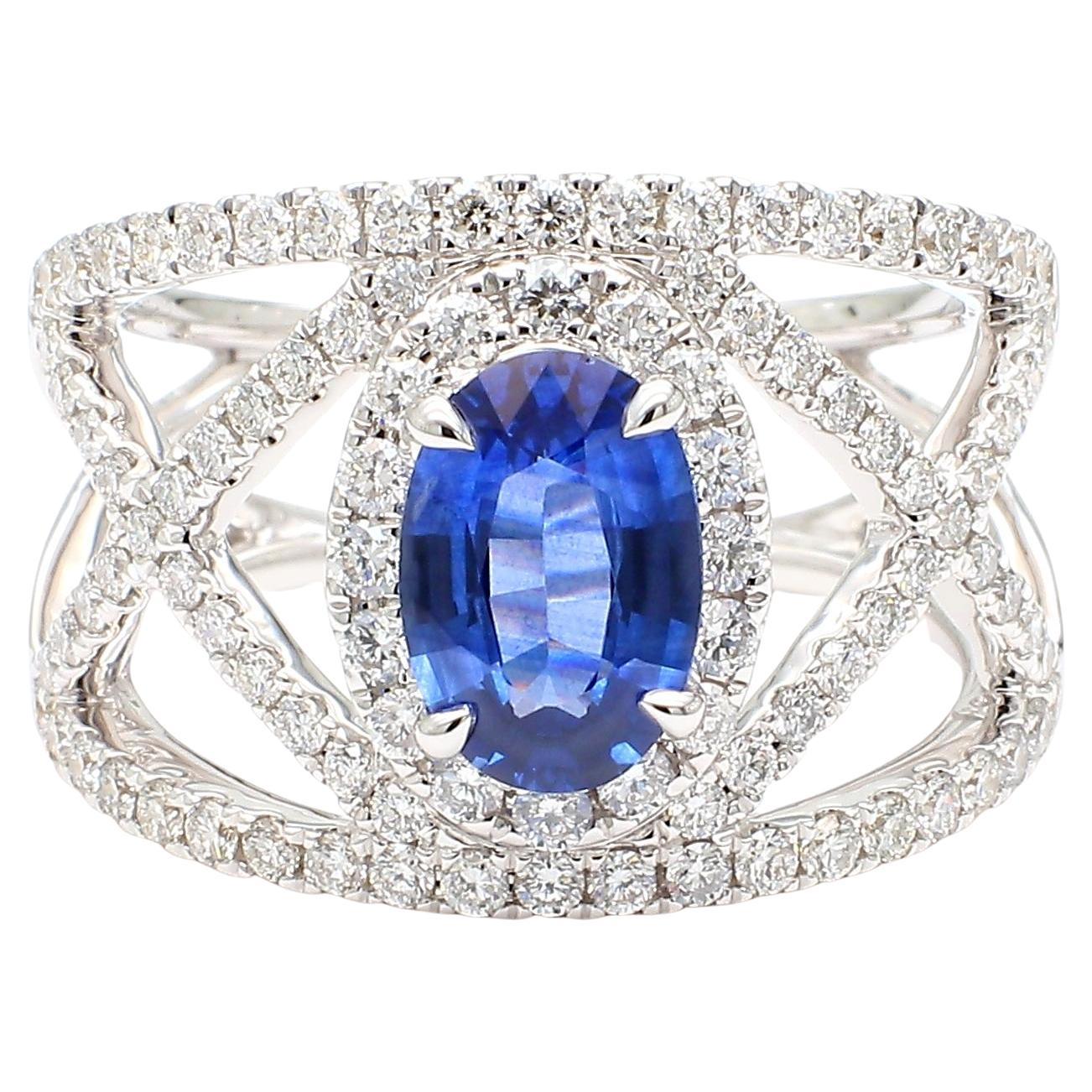 Natural Blue Oval Sapphire and White Diamond 2.47 Carat TW Gold Cocktail Ring
