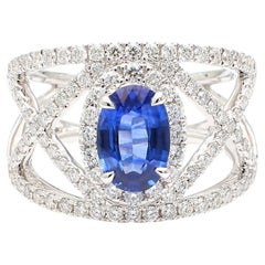 Natural Blue Oval Sapphire and White Diamond 2.47 Carat TW Gold Cocktail Ring
