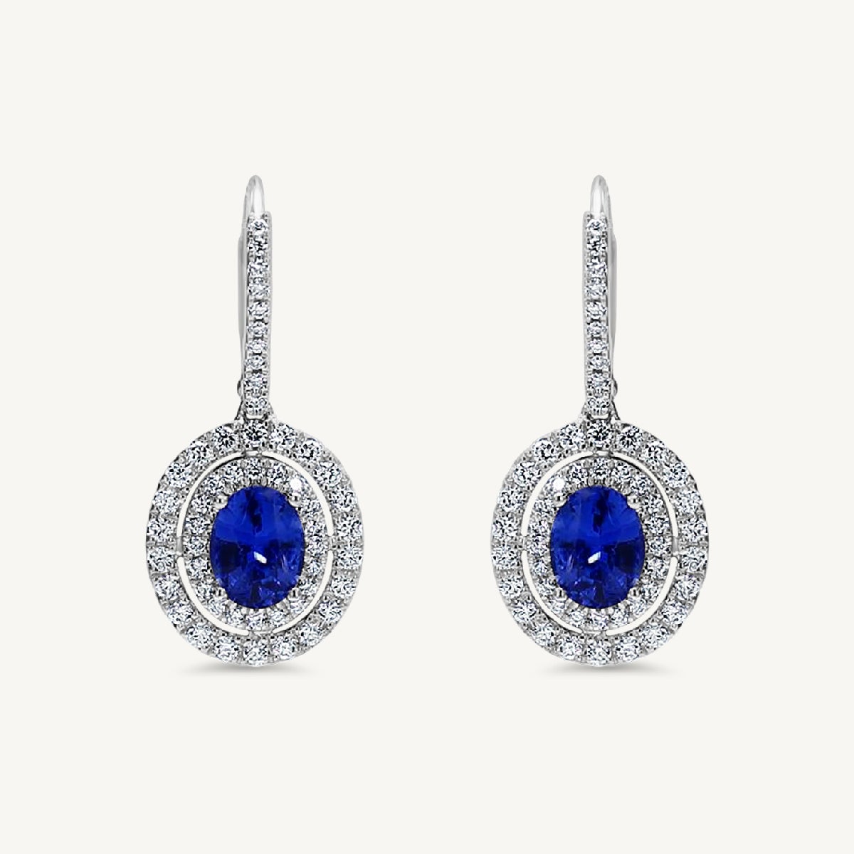 Natural Blue Oval Sapphire and White Diamond 2.97 Carat Tw Gold Drop Earrings