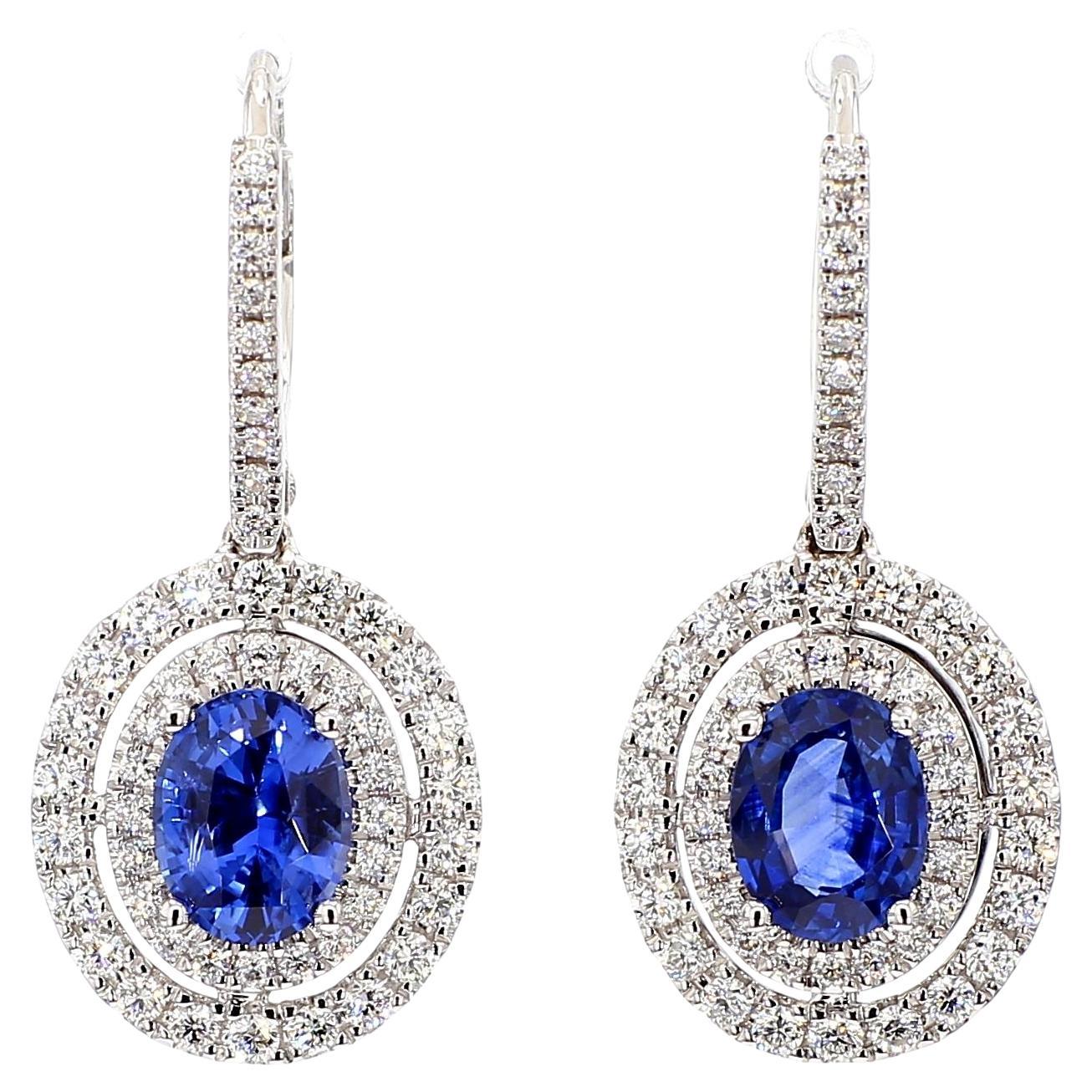Natural Blue Oval Sapphire and White Diamond 2.97 Carat TW Gold Drop Earrings