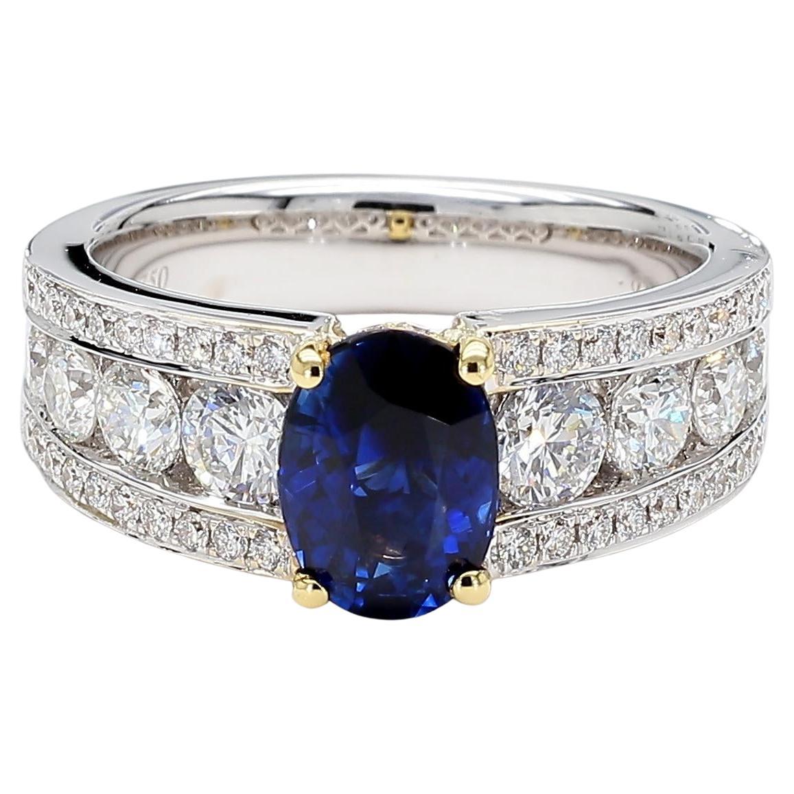 Natural Blue Oval Sapphire and White Diamond 3.22 Carat TW Gold Cocktail Ring