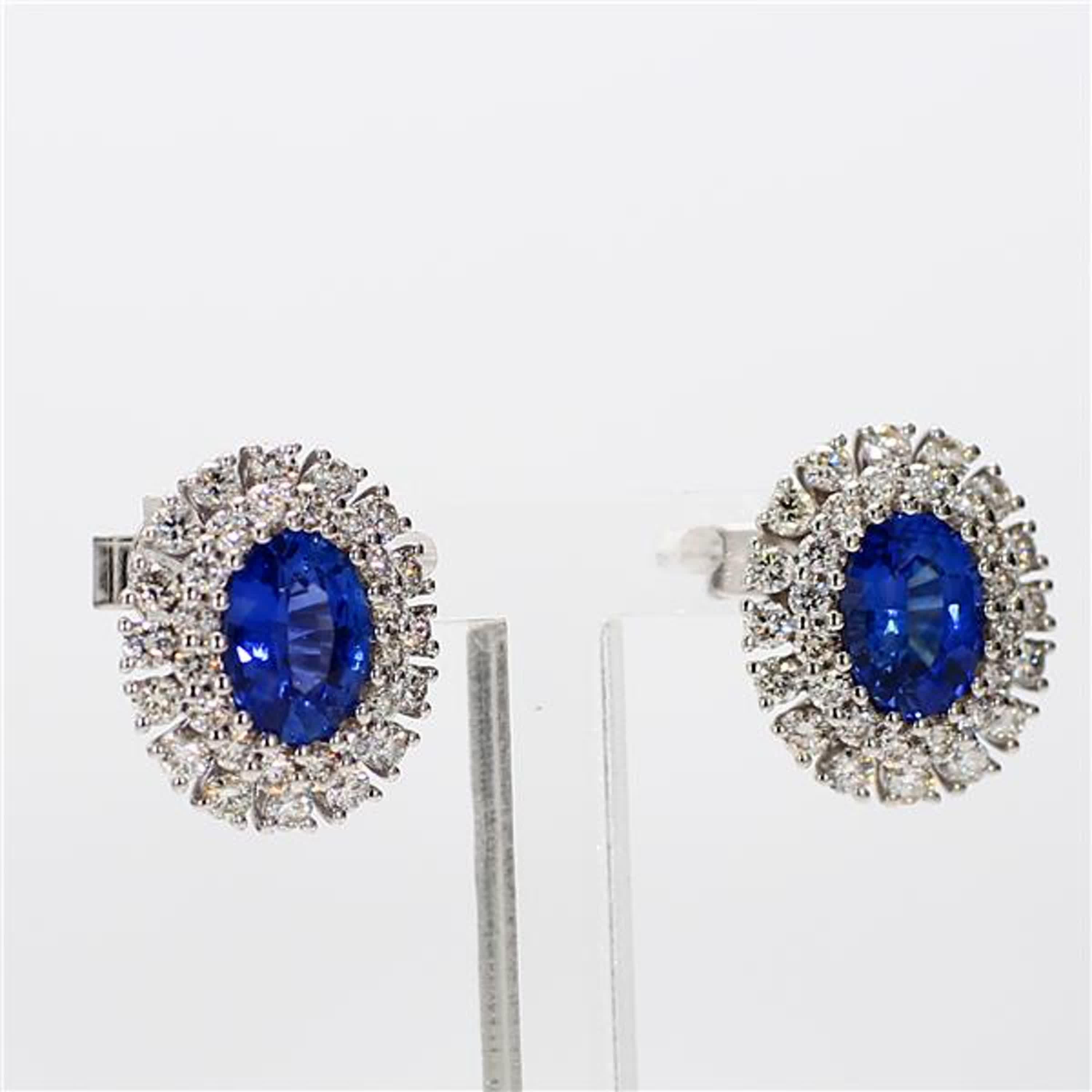 Natural Blue Oval Sapphire and White Diamond 3.48 Carat TW Gold Drop Earrings For Sale 1