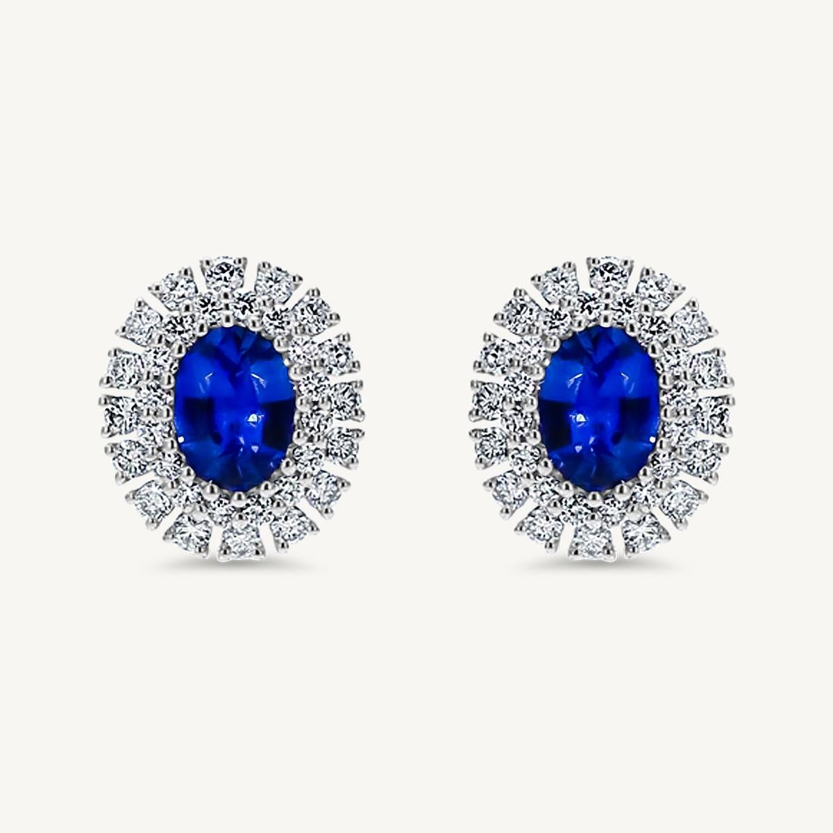 Natural Blue Oval Sapphire and White Diamond 3.48 Carat TW Gold Drop Earrings For Sale