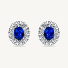 Natural Blue Oval Sapphire and White Diamond 3.48 Carat TW Gold Drop Earrings