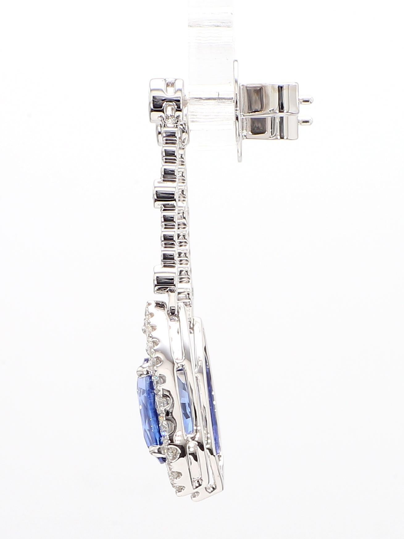 Oval Cut Natural Blue Oval Sapphire and White Diamond 5.20 Carat TW Gold Drop Earrings For Sale