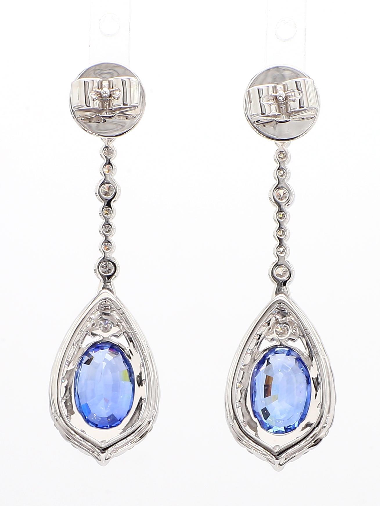 Women's Natural Blue Oval Sapphire and White Diamond 5.20 Carat TW Gold Drop Earrings For Sale