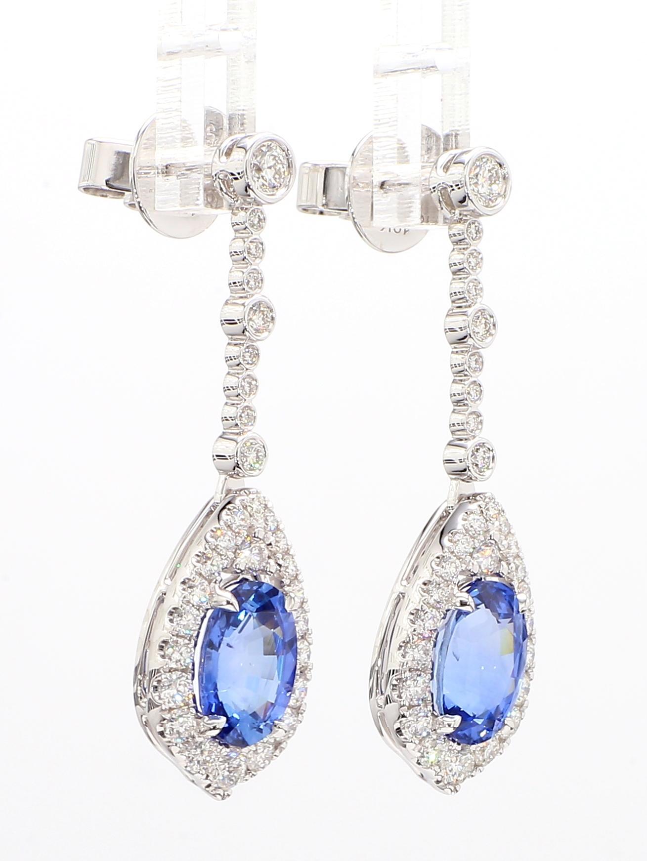 Natural Blue Oval Sapphire and White Diamond 5.20 Carat TW Gold Drop Earrings For Sale 1