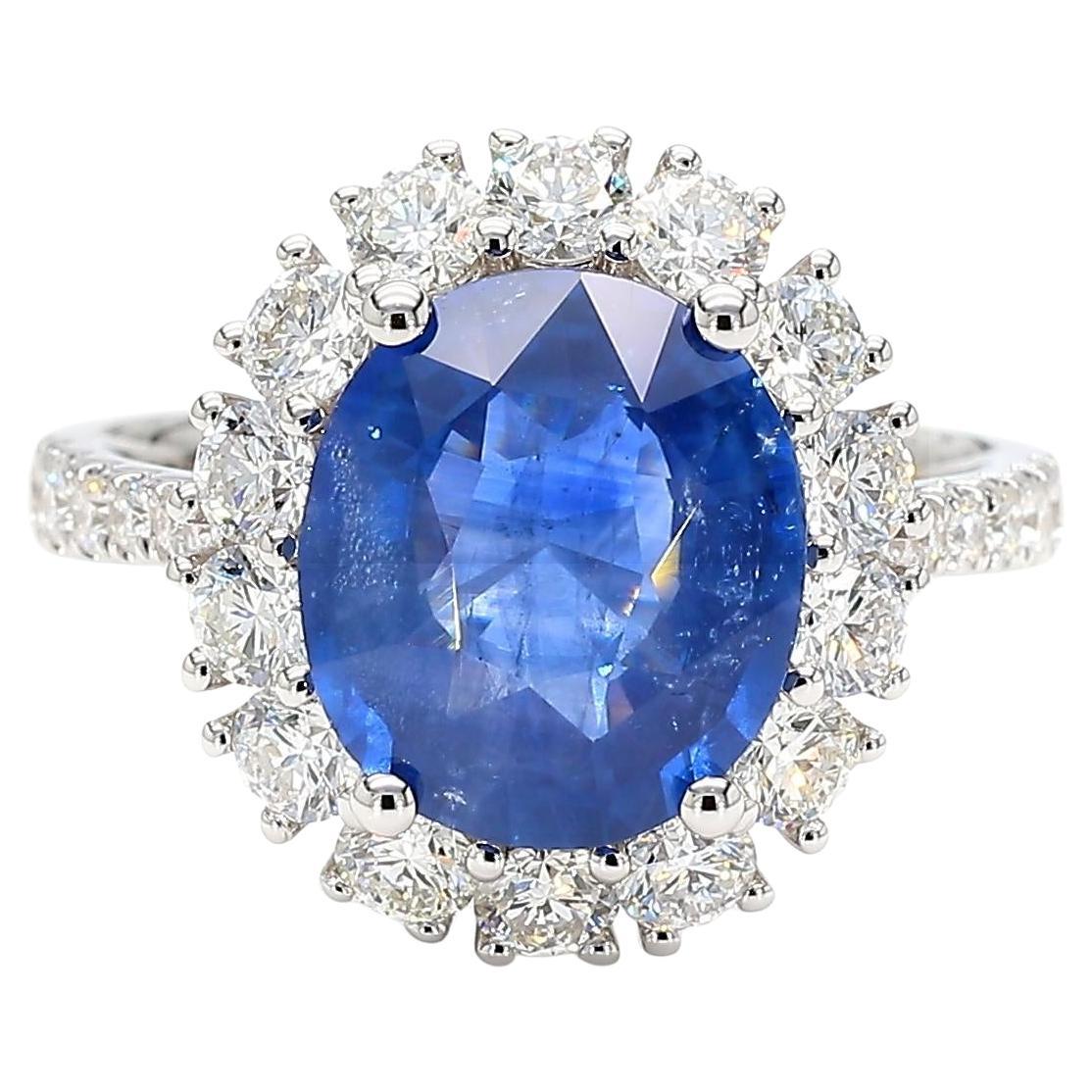 Natural Blue Oval Sapphire and White Diamond 5.51 Carat TW Gold Cocktail Ring