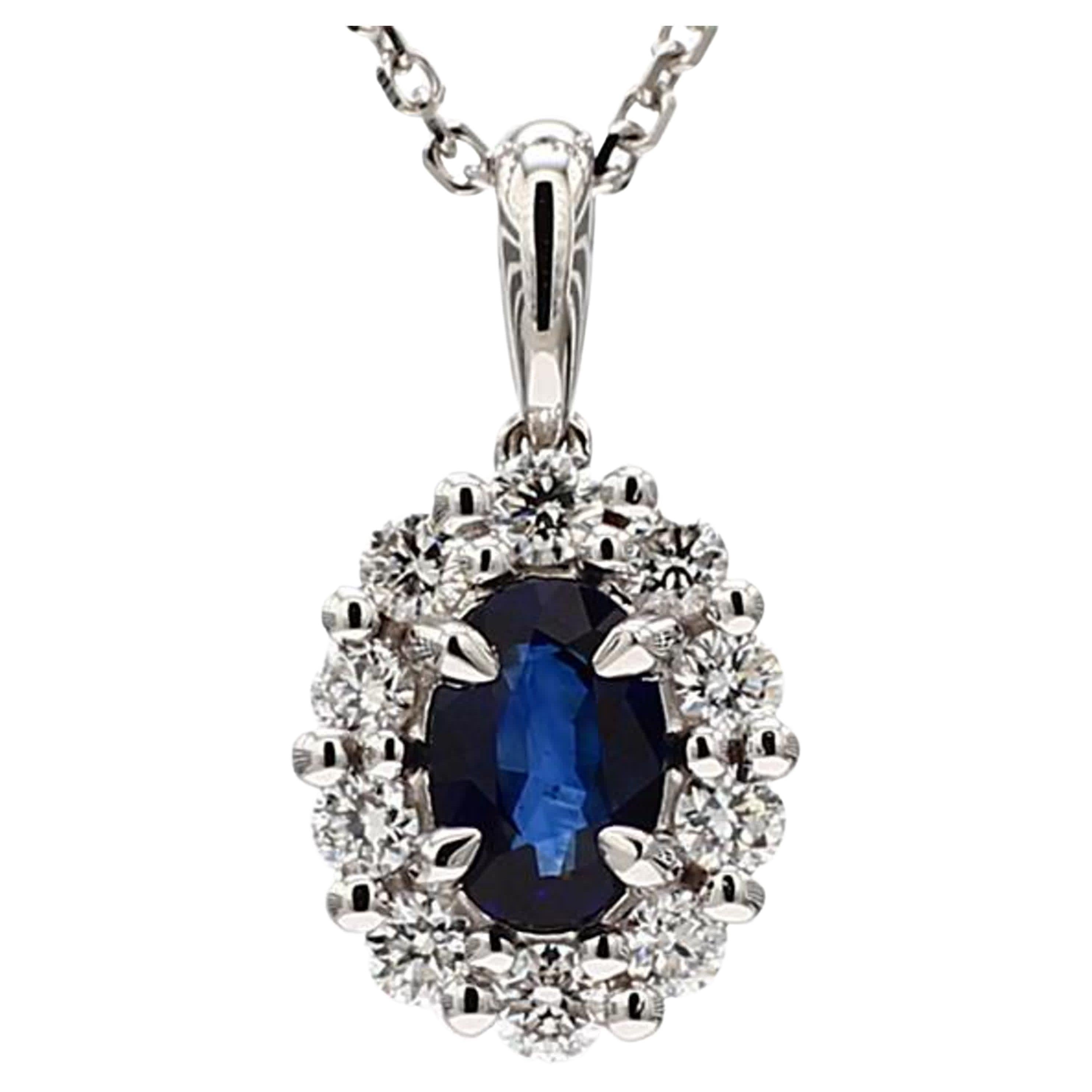 Natural Blue Oval Sapphire and White Diamond .99 Carat TW White Gold Pendant For Sale