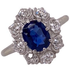 Natural Blue Oval Sapphire Old Mine Cut Diamond Estate Ring AGL Cert. No Heat