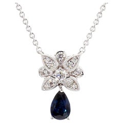 Natural Blue Pear Sapphire and White Diamond 0.57 Carat TW White Gold Necklace