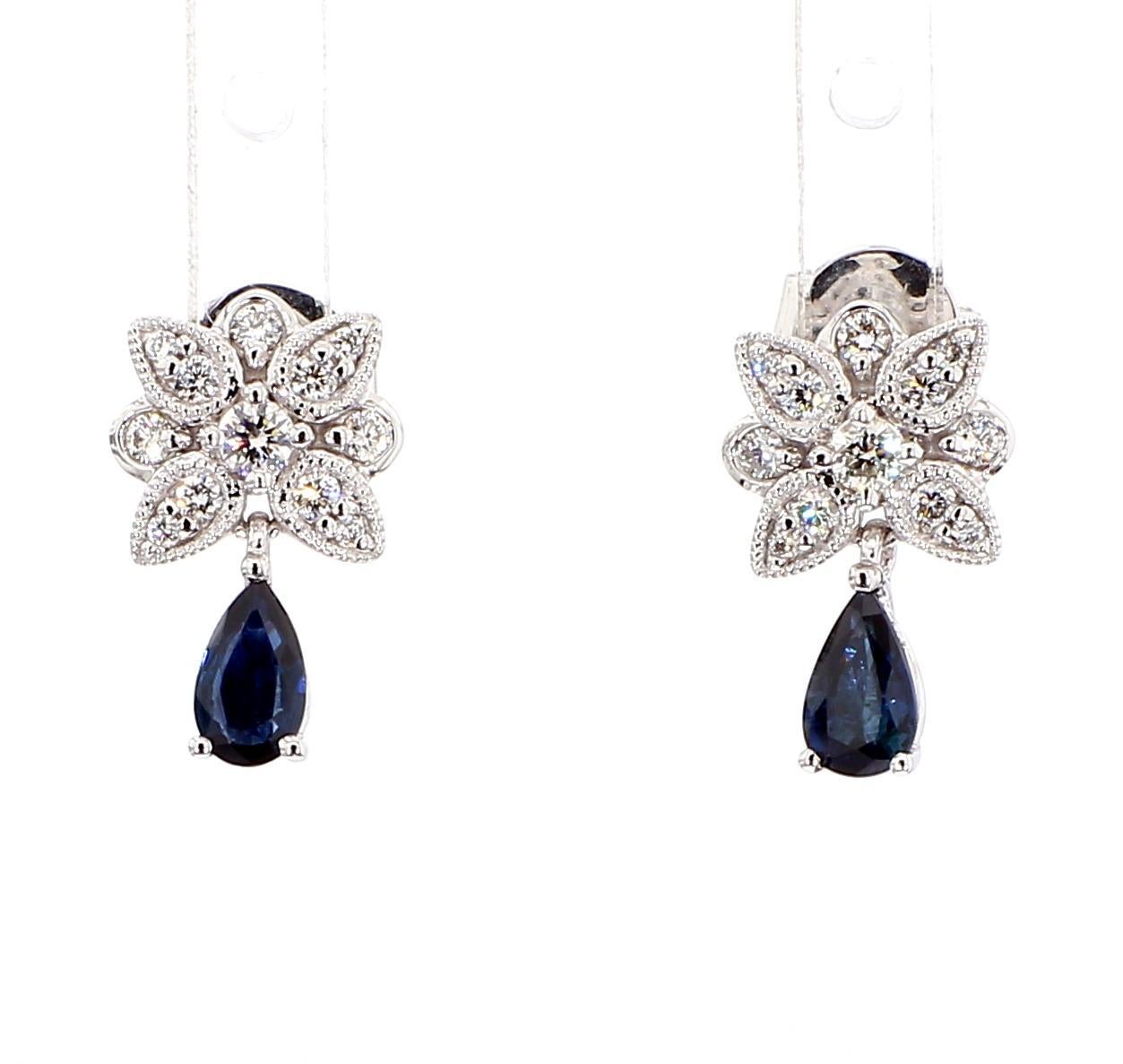 Contemporary Natural Blue Pear Sapphire and White Diamond 0.80 Carat TW Gold Drop Earrings For Sale