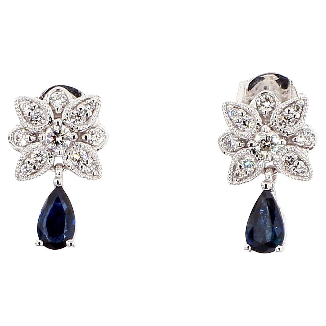 Pendientes de Gota de Oro con Zafiro Azul Pera Natural y Diamante Blanco de 0.80 Quilates TW