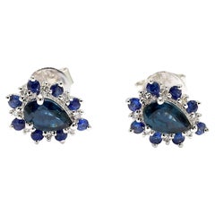 Natural Blue Pear Sapphire and White Diamond 0.82 Carat TW Gold Stud Earrings