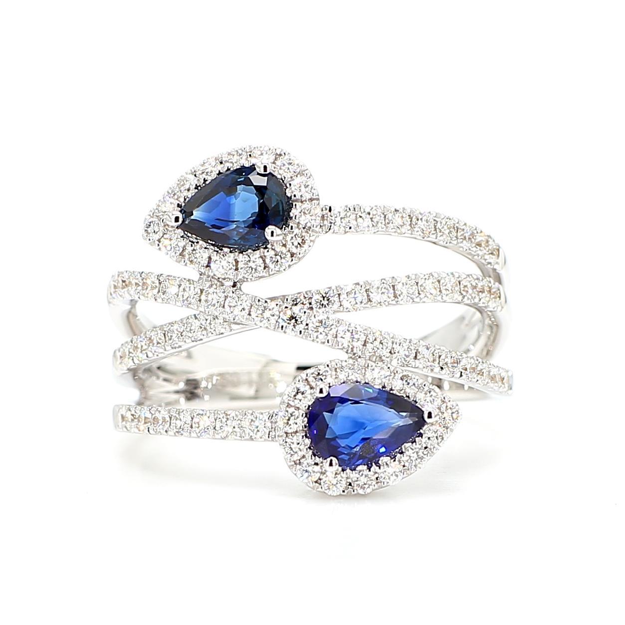 Contemporary Natural Blue Pear Sapphire and White Diamond 1.15 Carat TW Gold Cocktail Ring For Sale