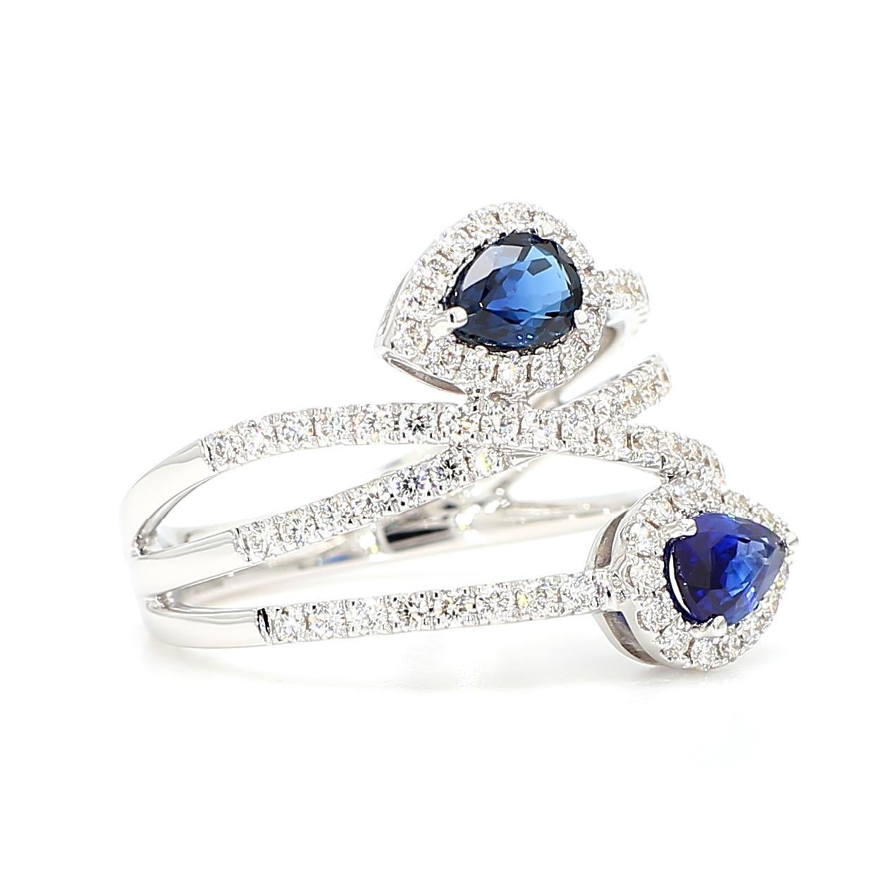 Pear Cut Natural Blue Pear Sapphire and White Diamond 1.15 Carat TW Gold Cocktail Ring For Sale