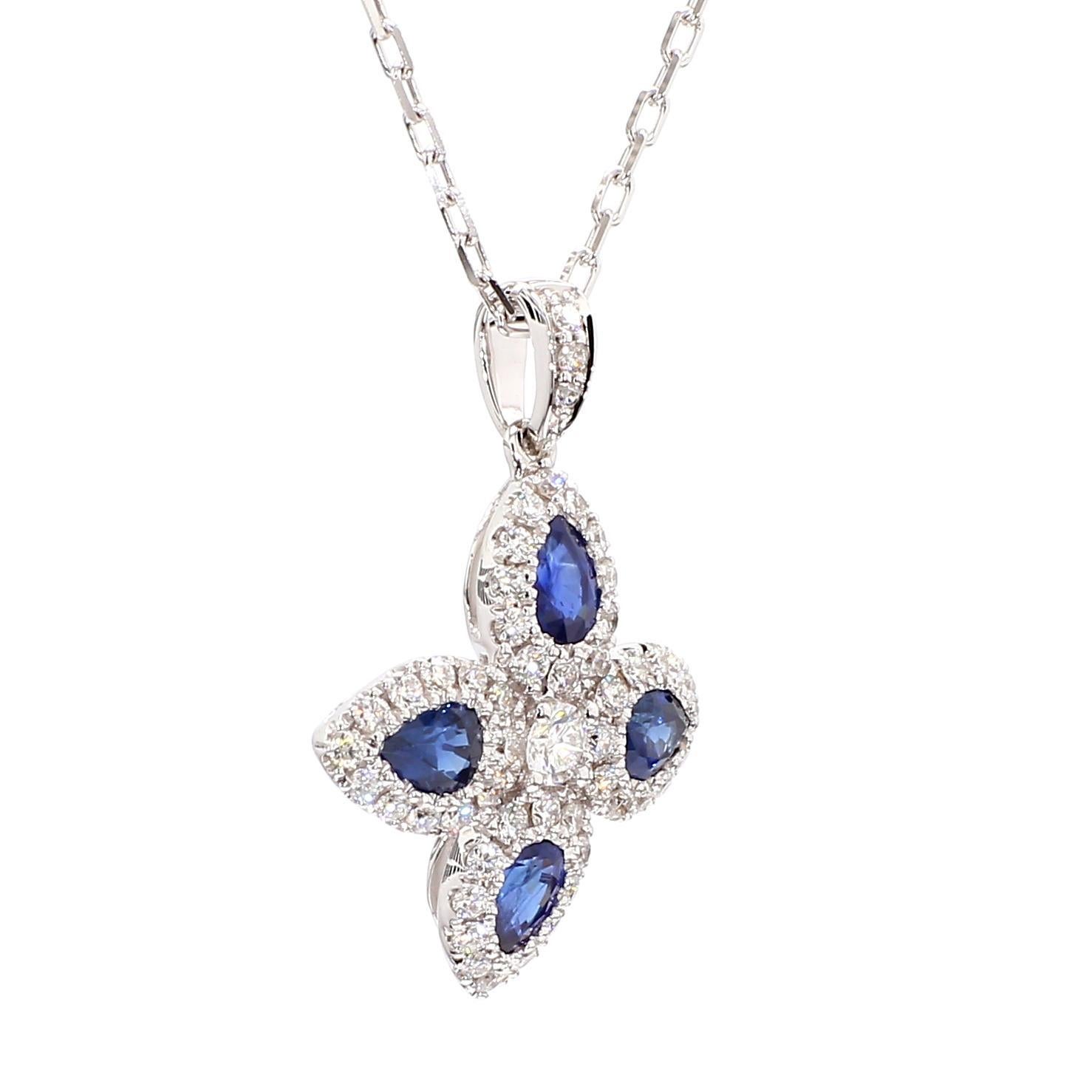 Taille poire Pendentif en or de 1.26 carat poids total, avec saphir bleu naturel en poire et diamant blanc en vente