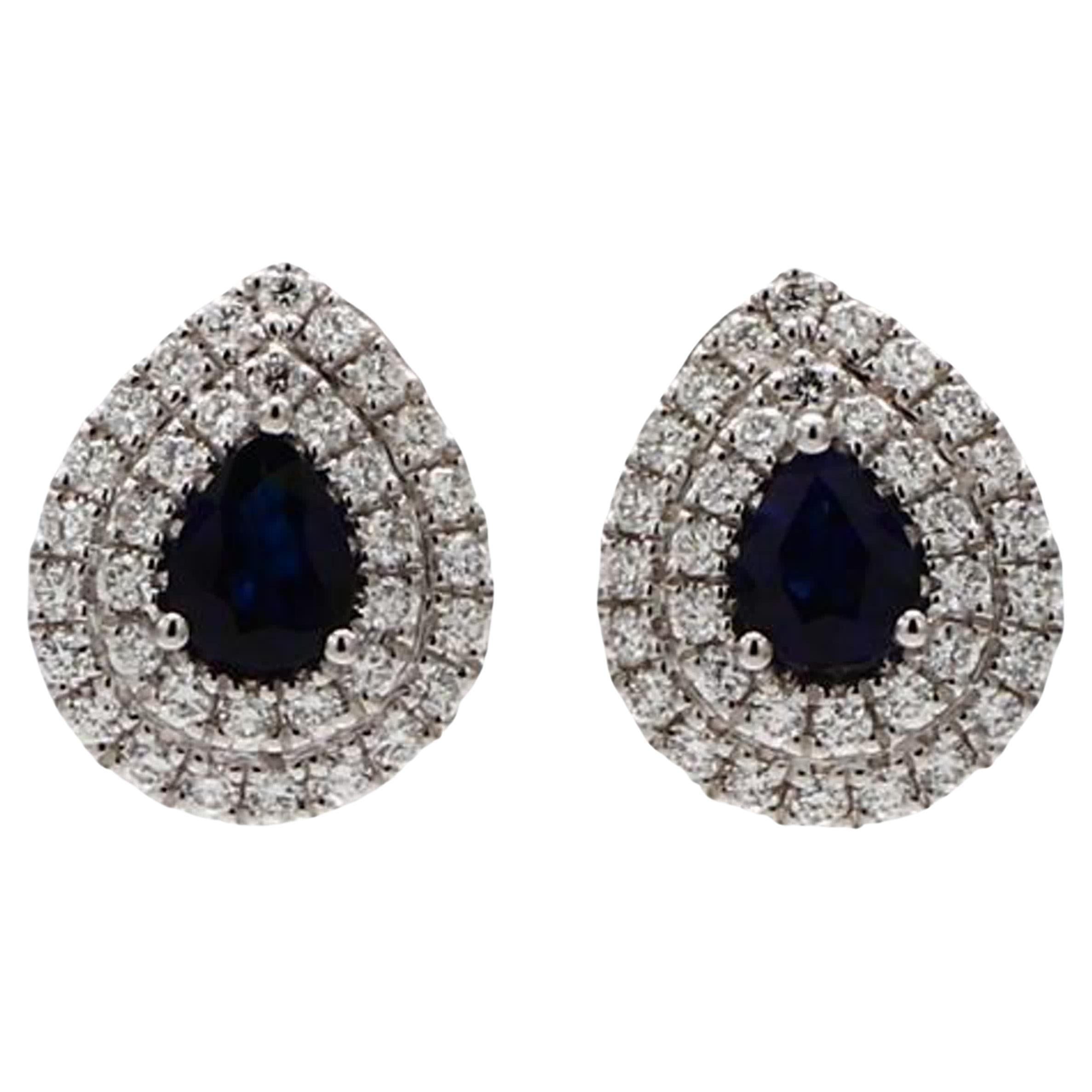 Natural Blue Pear Sapphire and White Diamond 1.32 Carat TW Gold Drop Earrings