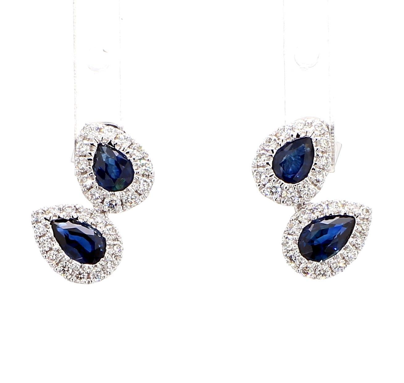 Contemporary Natural Blue Pear Sapphire and White Diamond 1.33 Carat TW Gold Stud Earrings For Sale