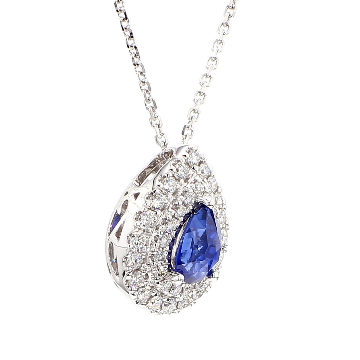 Taille poire Pendentif en or de 1.40 carat poids total, avec saphir bleu naturel en poire et diamant blanc en vente