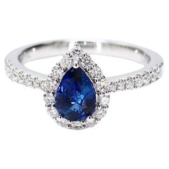 Natural Blue Pear Sapphire and White Diamond 1.46 Carat TW Gold Cocktail Ring
