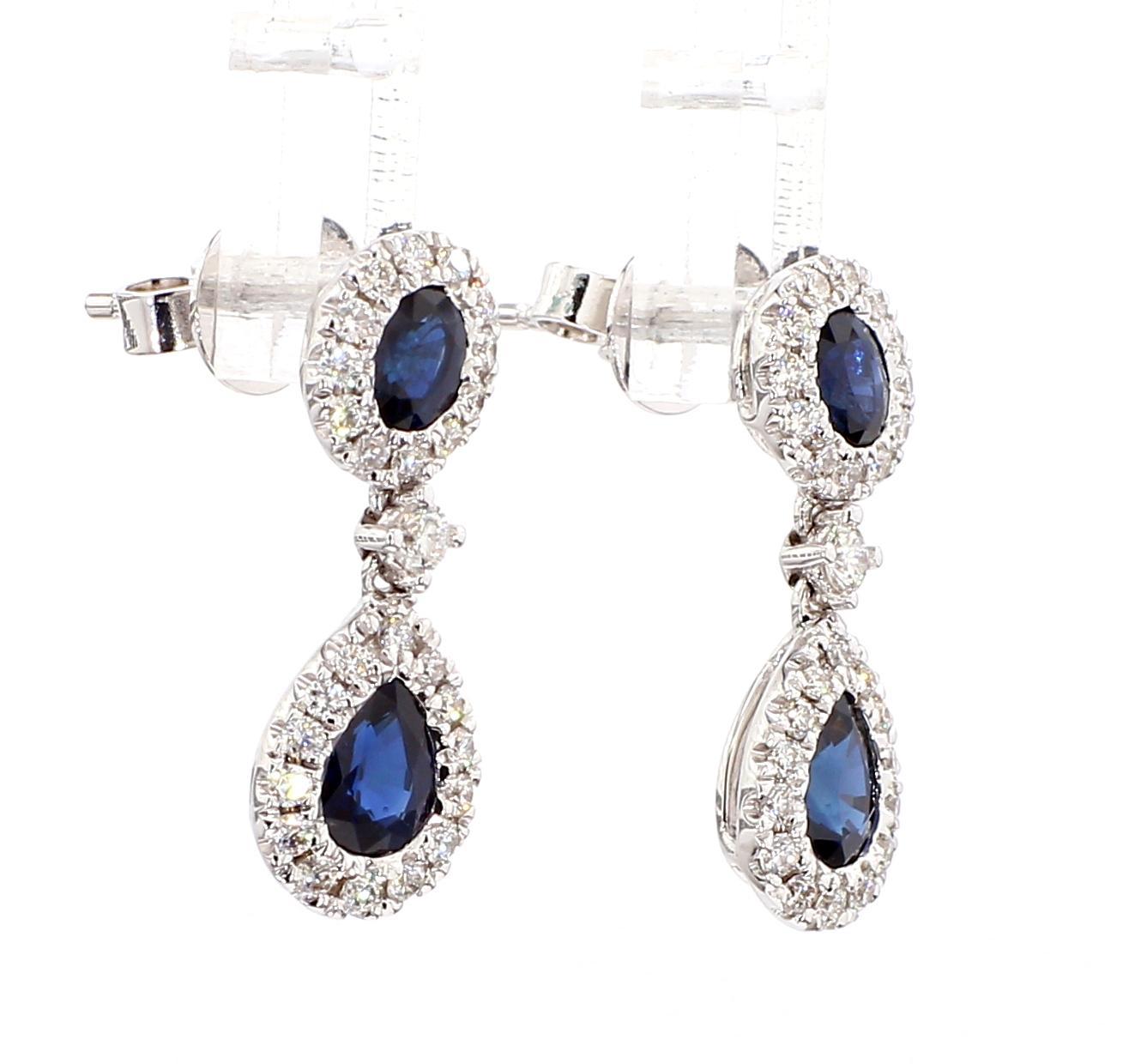Taglio a goccia Orecchini a goccia in oro con zaffiro blu naturale e diamante bianco da 1.66 carati TW in vendita